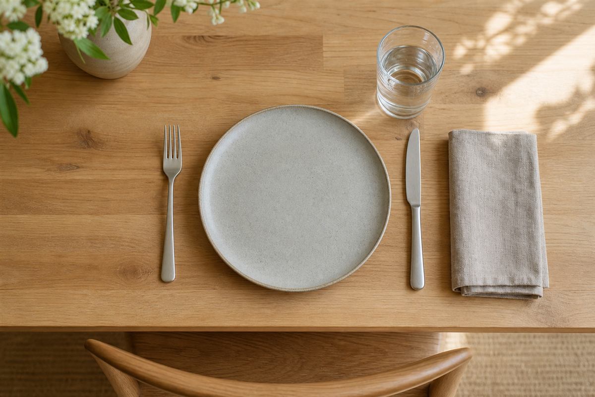 Richtig gedeckter Tisch mit Teller, Besteck, Glas und Serviette