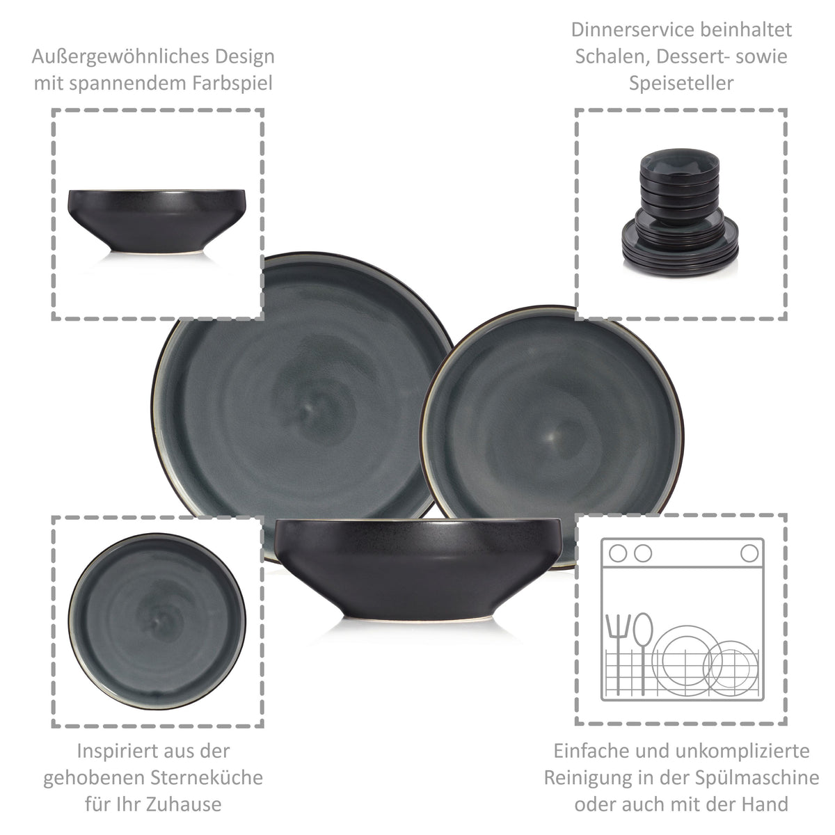 SÄNGER Stoneware Dinnerware Set Helsinki, 12-Piece Dinner Service for 4 People