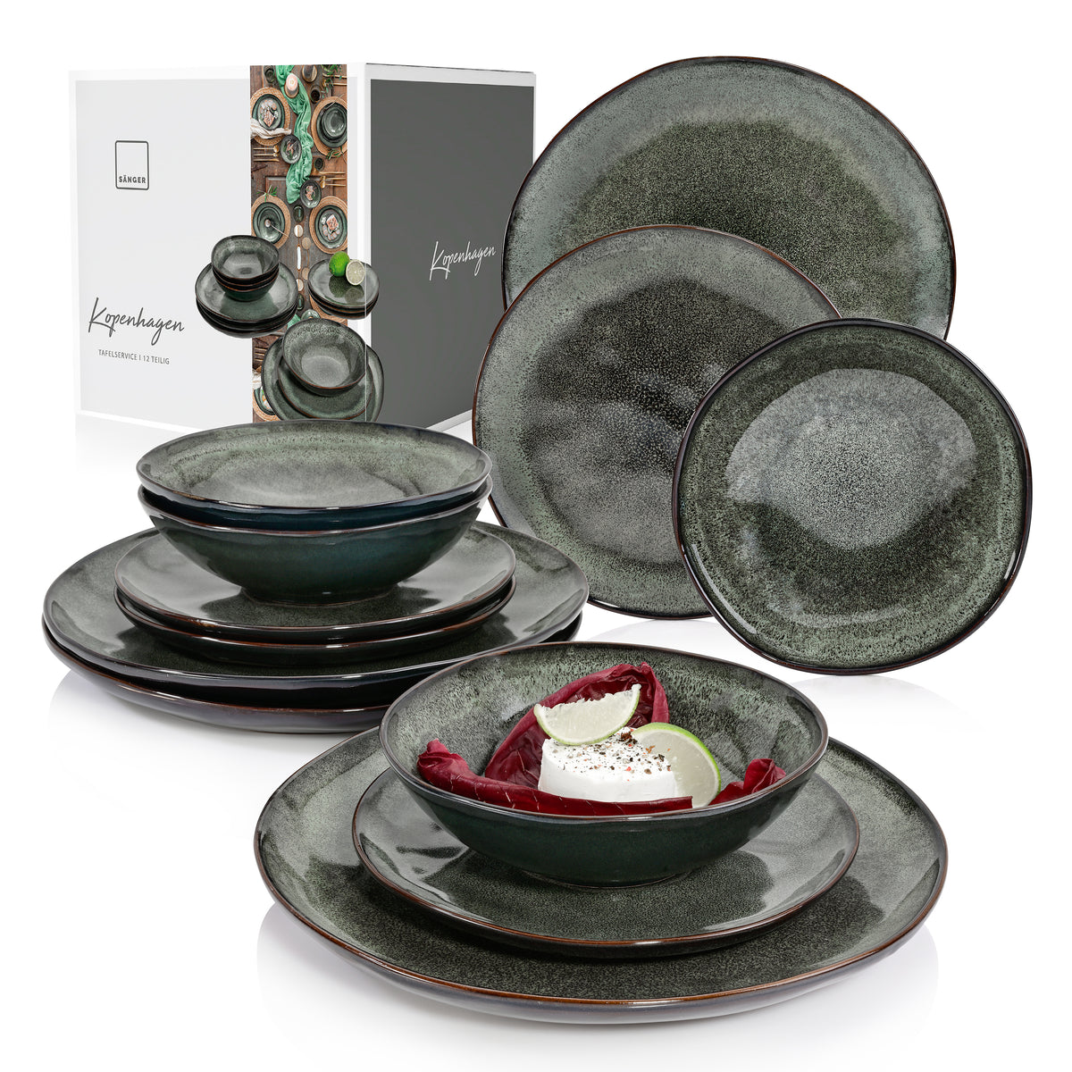 SÄNGER Stoneware Dinnerware Set Copenhagen, 12-piece Dinner Service for 4 People
