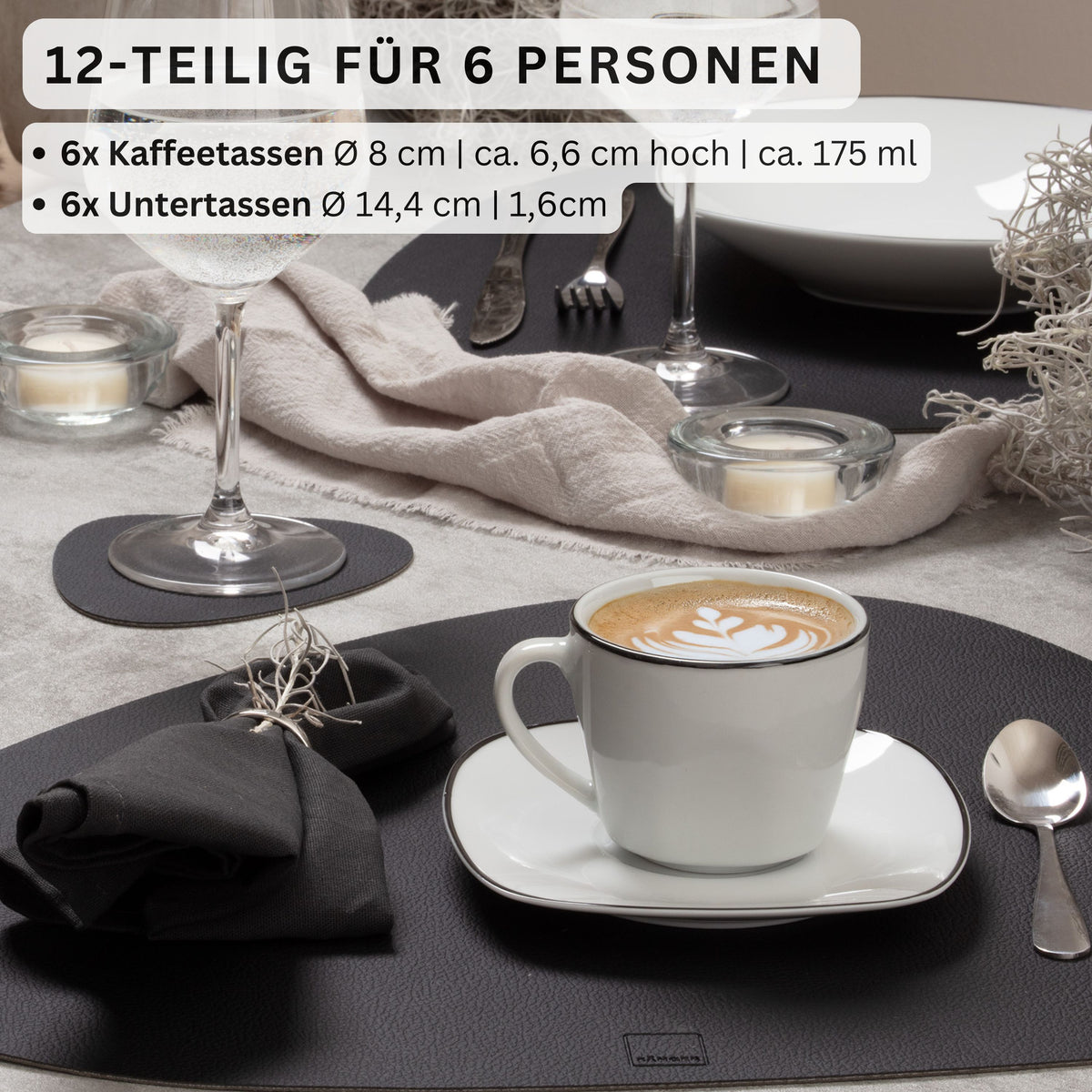 SÄNGER Porzellan Kaffeetassen Set Bilgola Black Rim 12 tlg