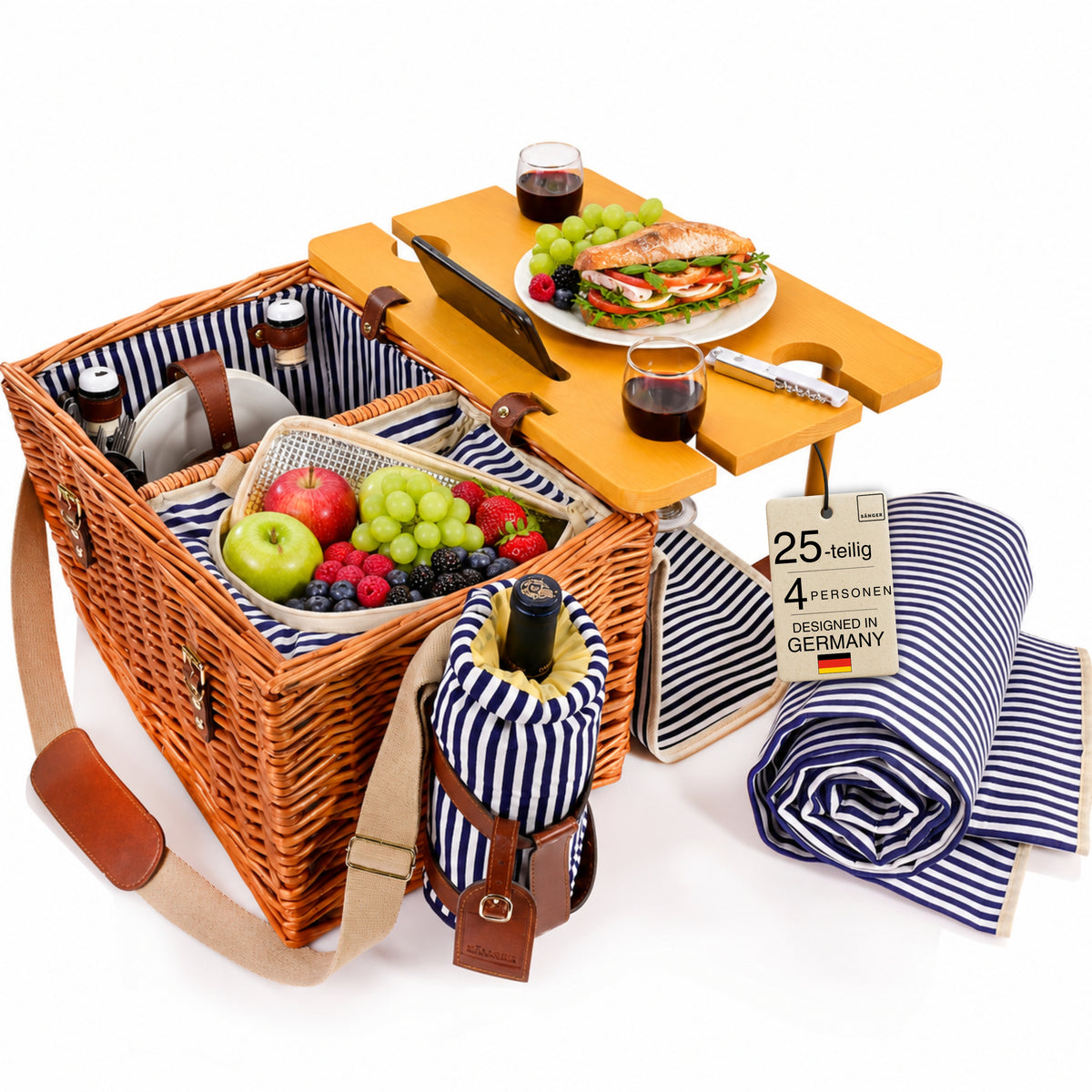 SÄNGER Picknickkorb Borkum mit integriertem Tisch & Kühltasche 25 teilig für 4 Personen