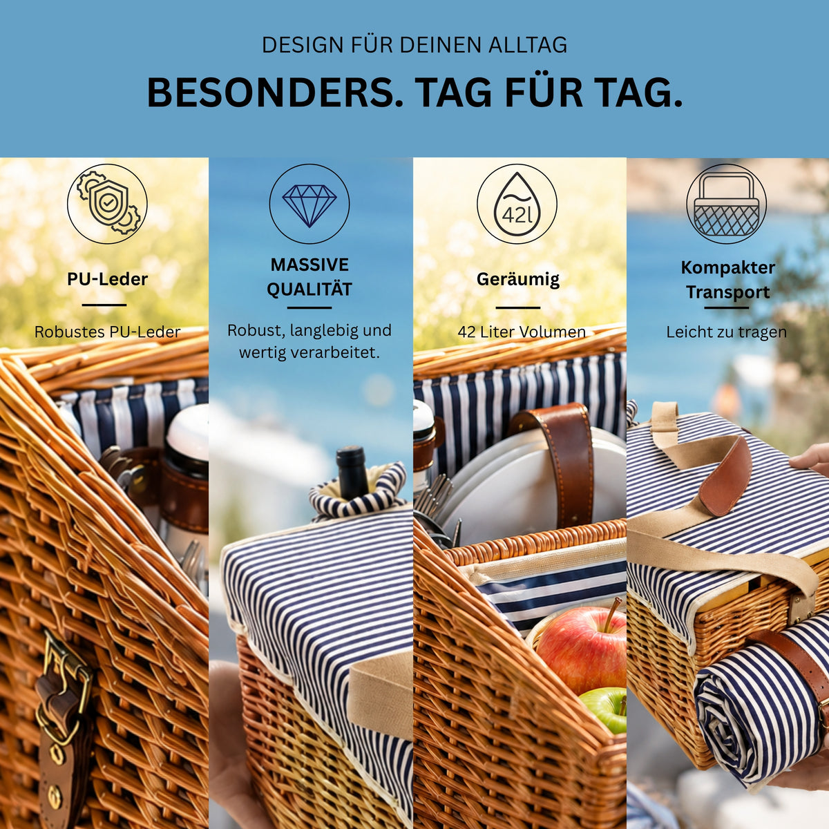 SÄNGER Picknickkorb Borkum mit integriertem Tisch & Kühltasche 25 teilig für 4 Personen