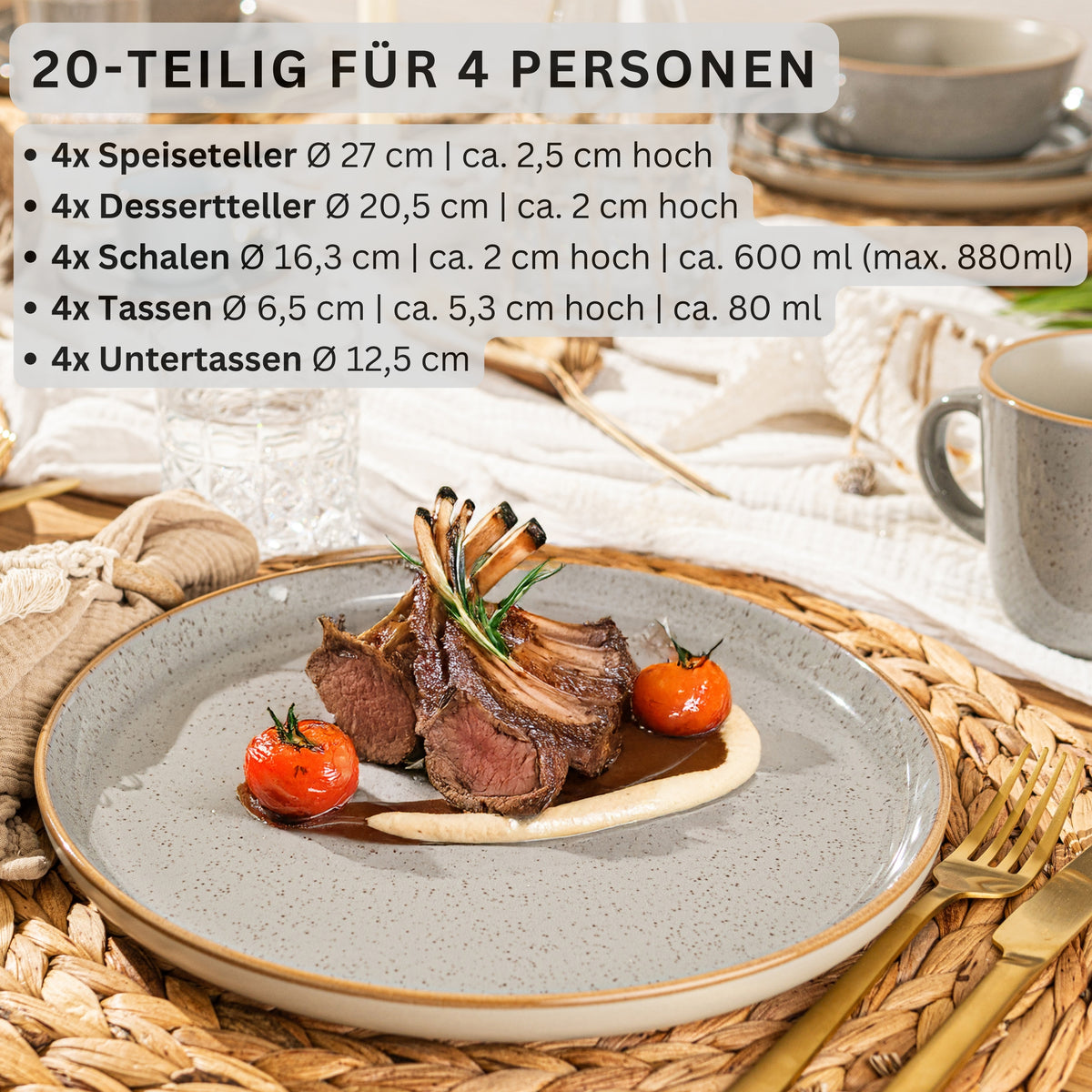 SÄNGER Steingut Geschirrset Rio Perlgrau, Kombiservice 20 teilig für 4 Personen mit Espressotassen