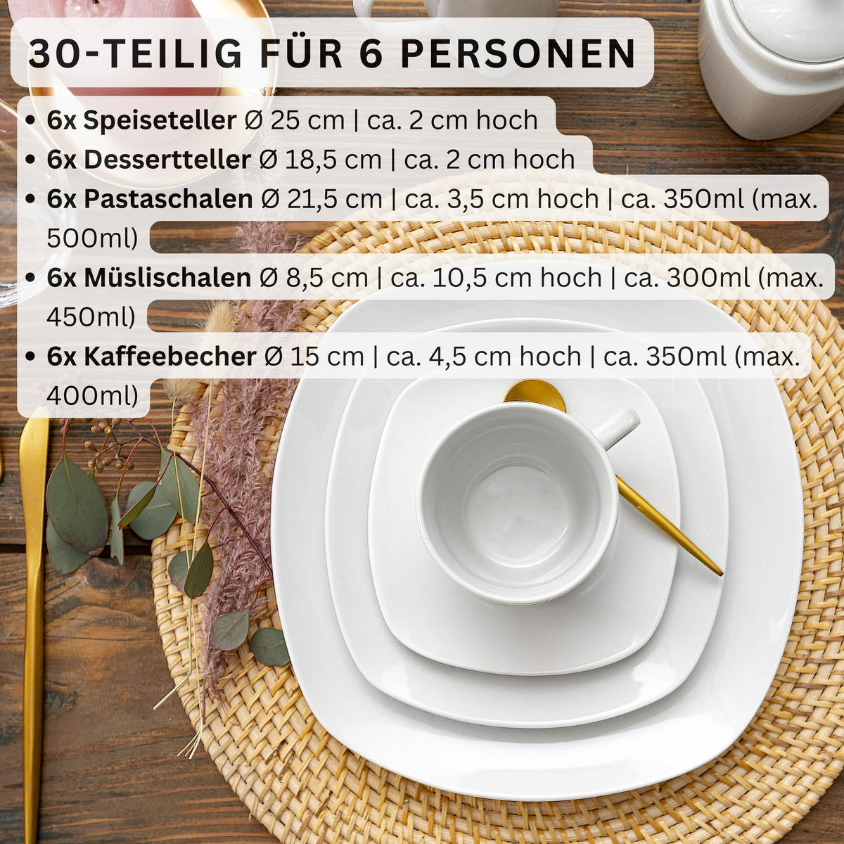 SÄNGER Porzellan Geschirrset Bilgola, Kombiservice 30 teilig für 6 Personen