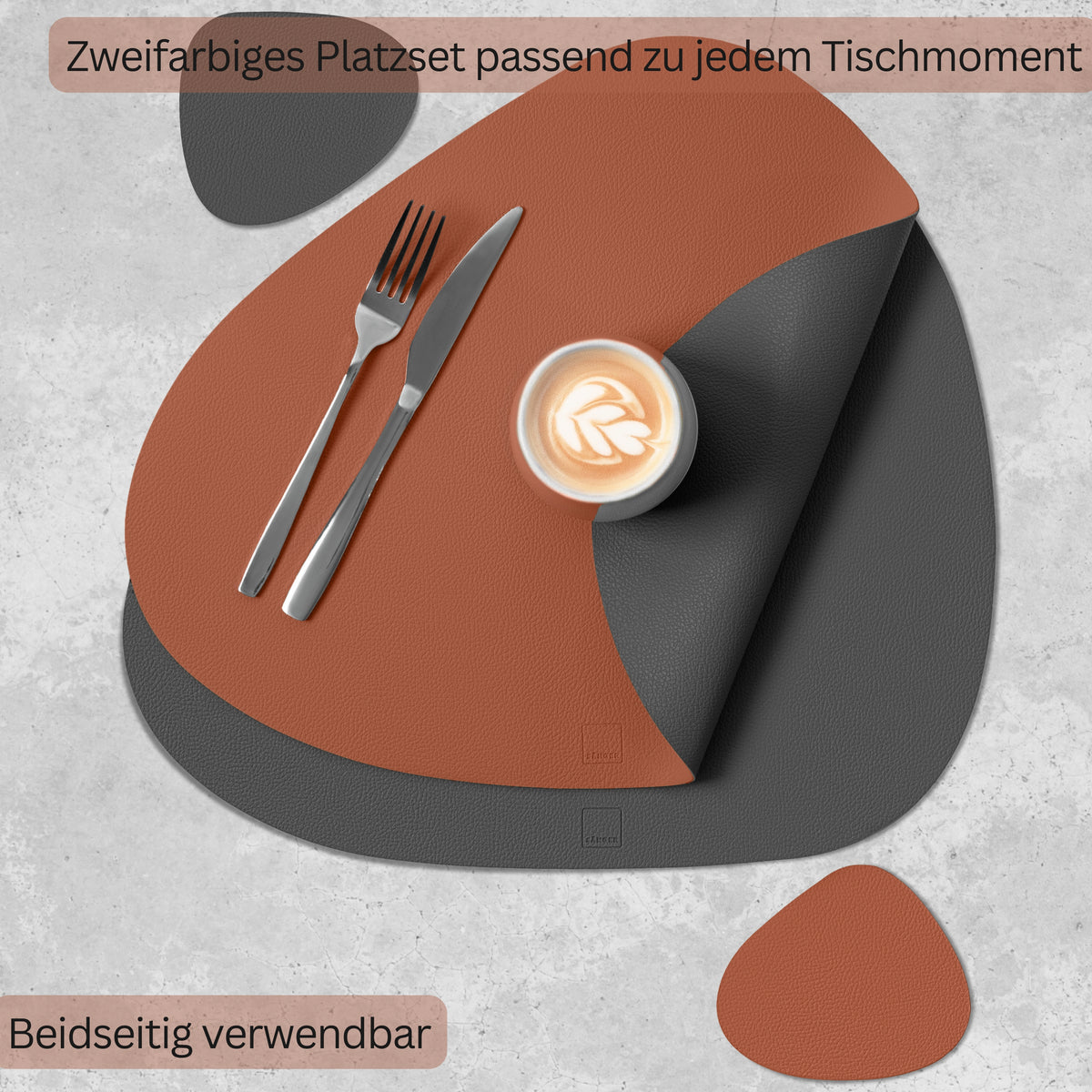 SÄNGER organische Tischsets & Untersetzer aus Kunstleder 8 teilig für 4 Personen, Anthrazit + Braun