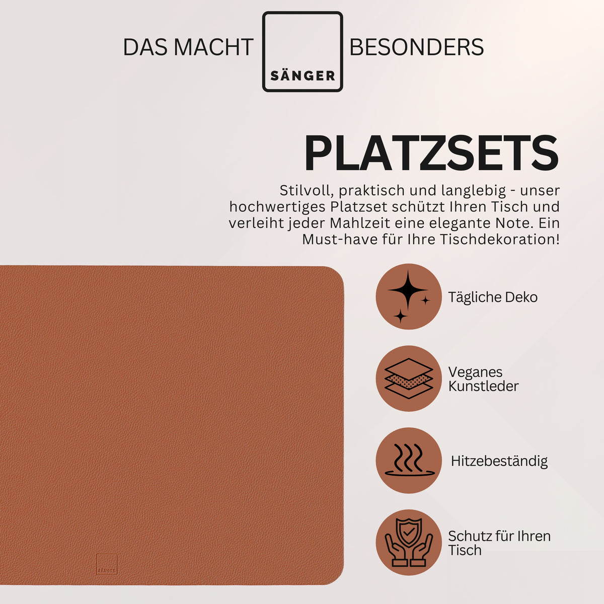 SÄNGER Rectangular Faux Leather Placemats & Coasters, 8-Piece Set for 4 Persons, Anthracite + Brown