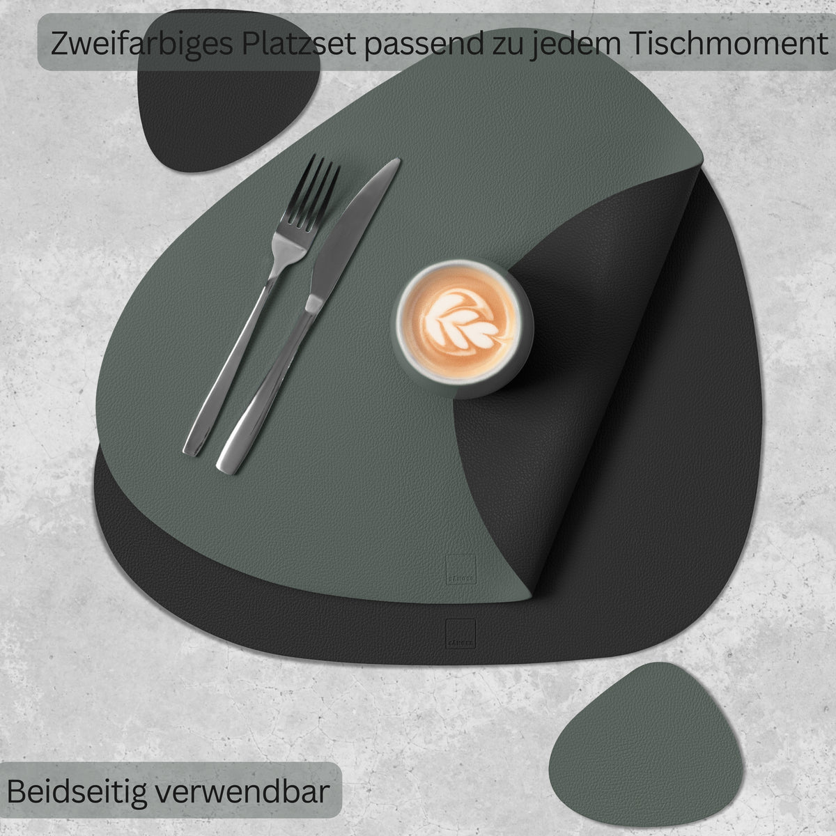 SÄNGER organische Tischsets & Untersetzer aus Kunstleder 12 teilig für 6 Personen, Grau + Schwarz