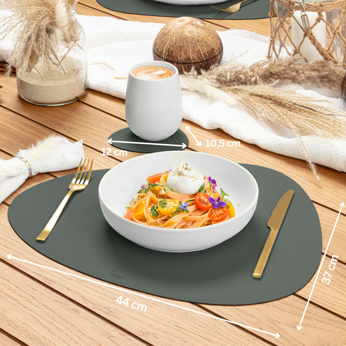 SÄNGER Organic Faux Leather Placemats & Coasters 12 Pieces for 6 People, Grey + Black
