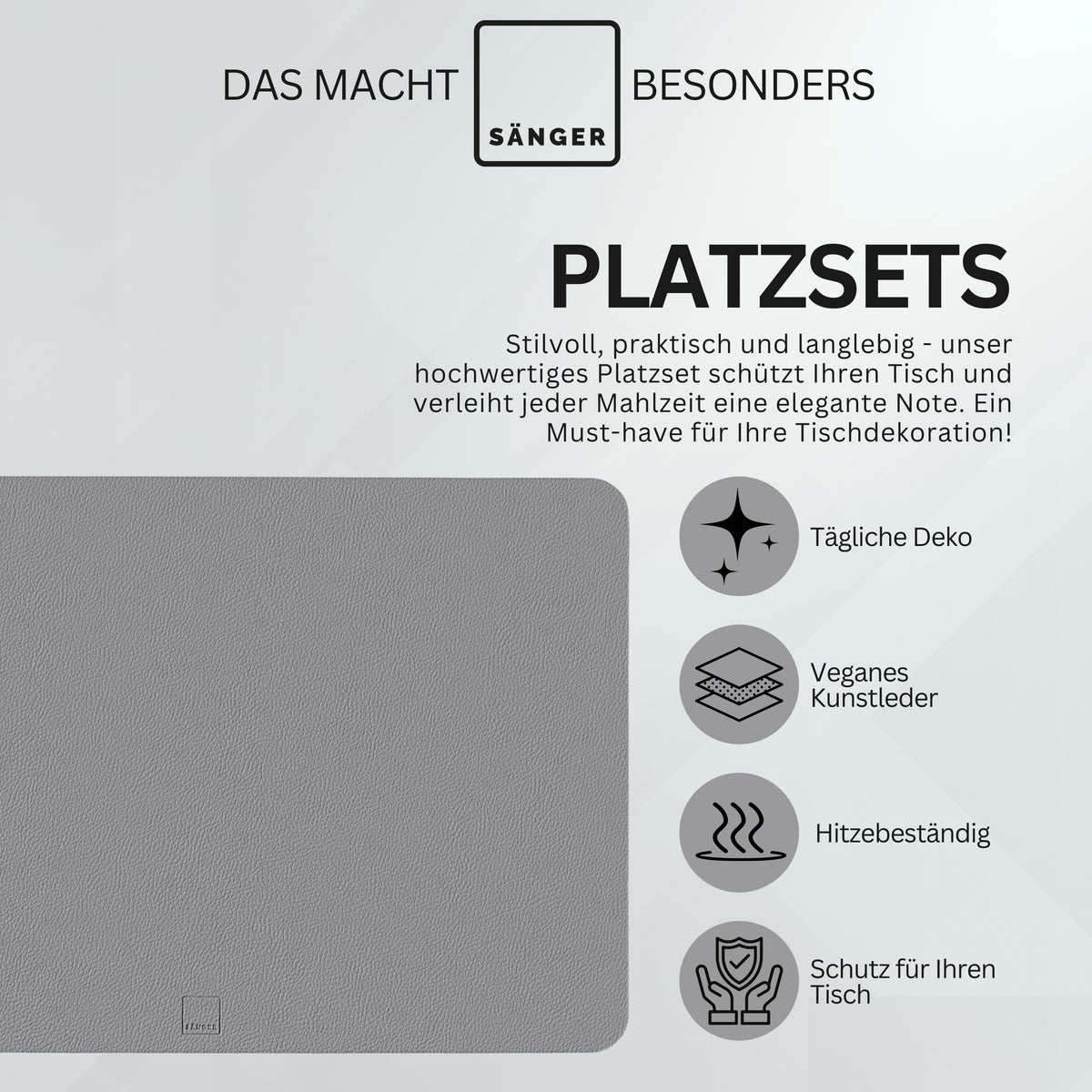 SÄNGER Rectangular Faux Leather Placemats & Coasters, 8-Piece Set for 4 Persons, Grey + Black