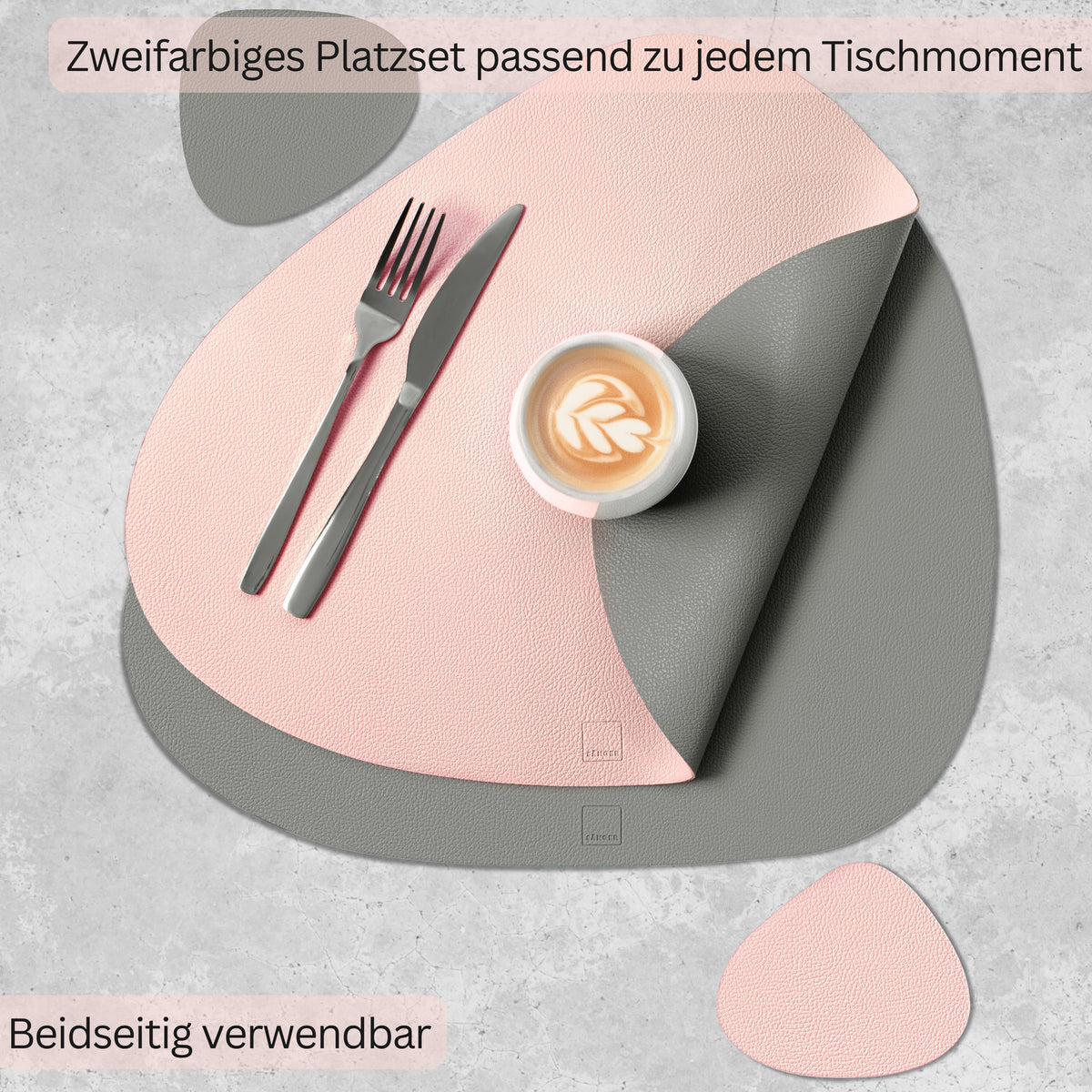 SÄNGER organische Tischsets & Untersetzer aus Kunstleder 12 teilig für 6 Personen, Rosa + Grau