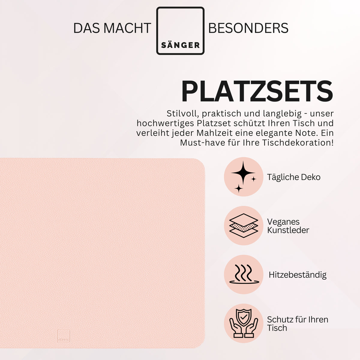 SÄNGER Rectangular Placemats & Coasters Faux Leather 12 Pieces for 6 Persons, Pink + Grey