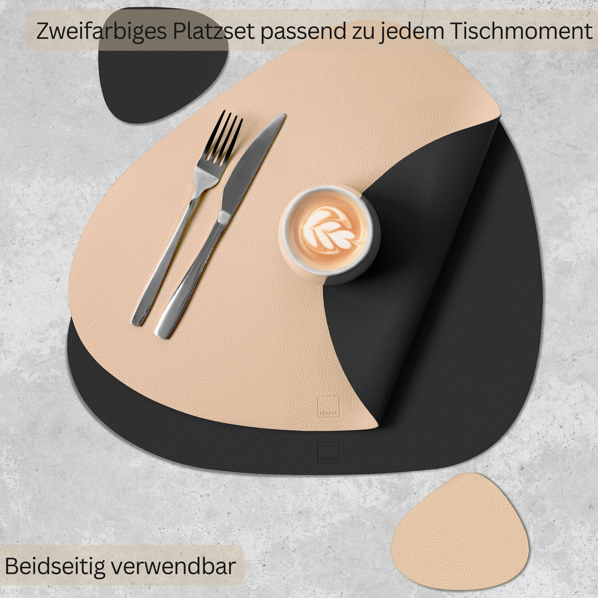SÄNGER organische Tischsets & Untersetzer aus Kunstleder 12 teilig für 6 Personen, Schwarz + Beige