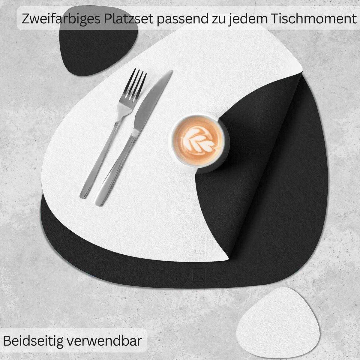 SÄNGER organische Tischsets & Untersetzer aus Kunstleder 12 teilig für 6 Personen, Schwarz + Creme