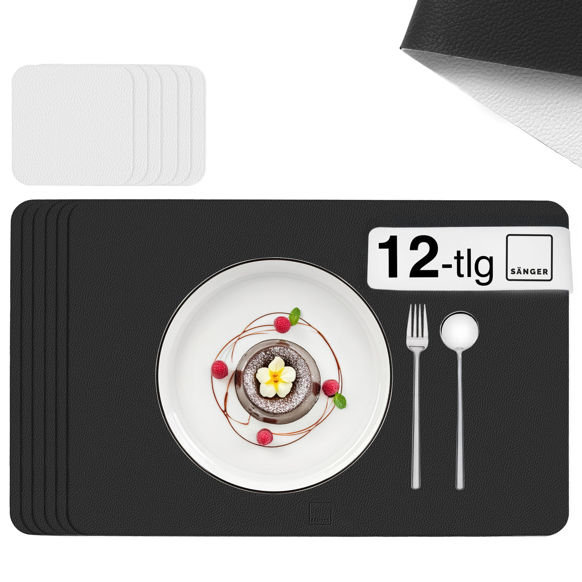 SÄNGER rechteckige Tischsets & Untersetzer aus Kunstleder 12 teilig für 6 Personen, Schwarz + Creme
