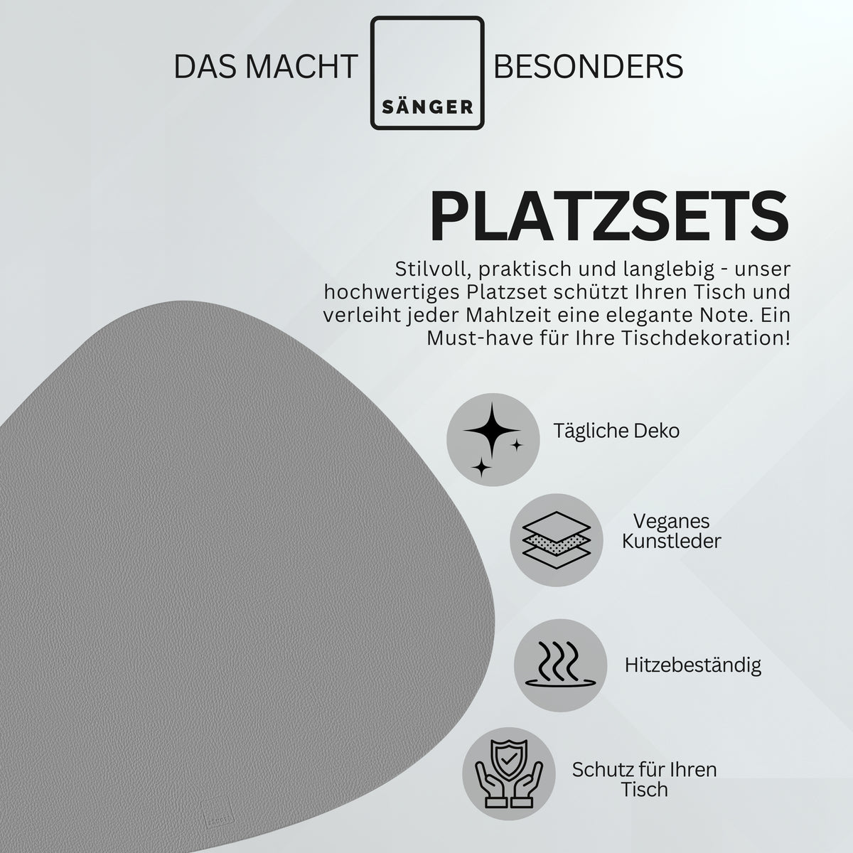SÄNGER organische Tischsets & Untersetzer aus Kunstleder 12 teilig für 6 Personen, Schwarz + Hellgrau