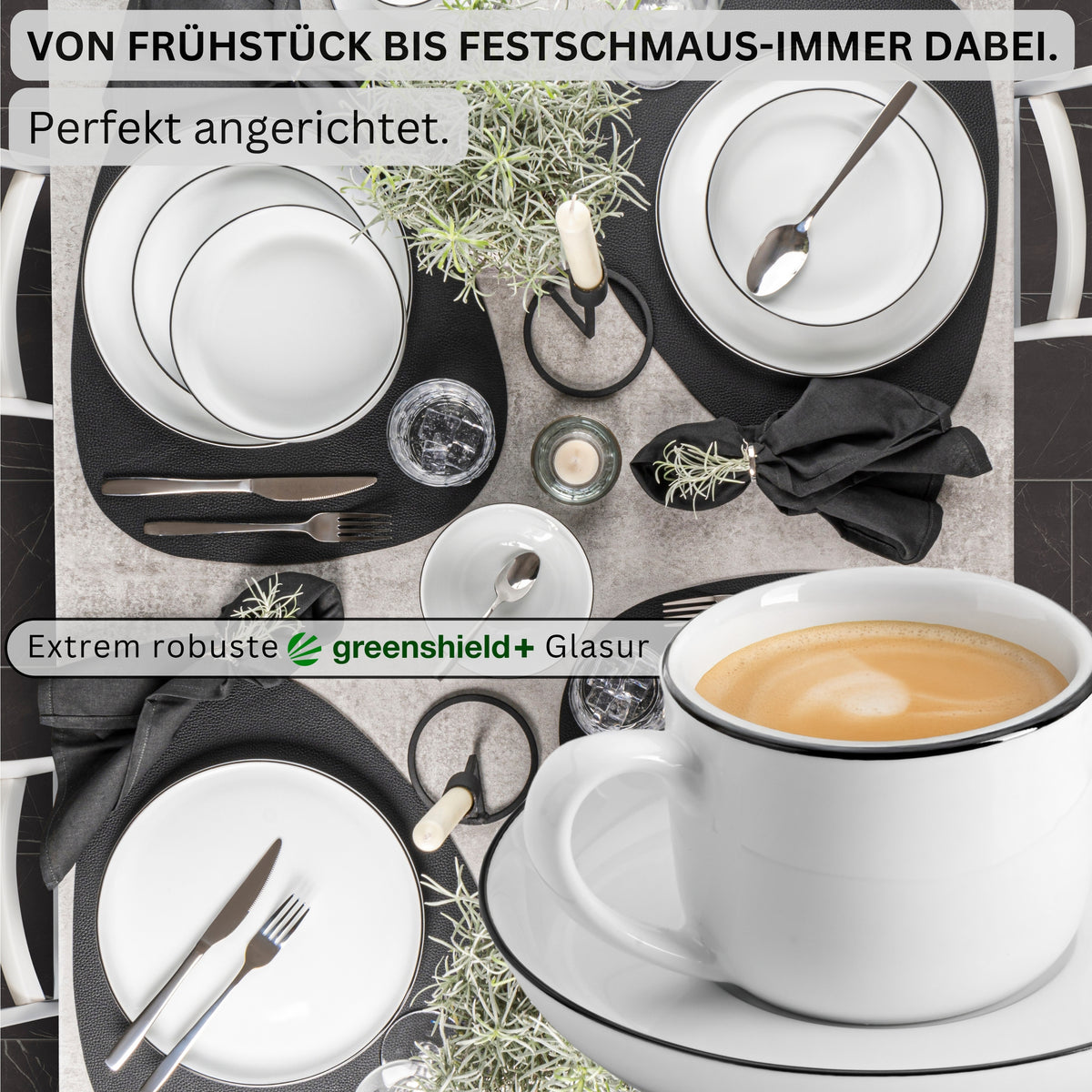 SÄNGER Porzellan Kaffeetassen Set Marlo Black Rim 12-teilig für 6 Personen