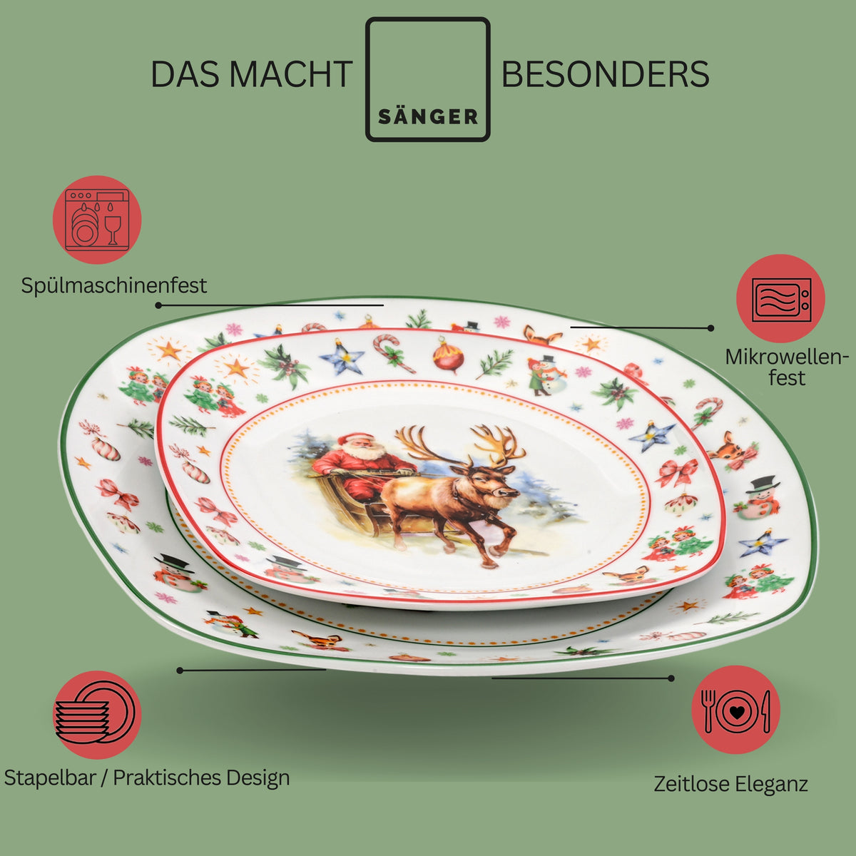SÄNGER Porzellan Geschirrset Bilgola Christmas Design, Tafelservice 18 teilig für 6 Personen