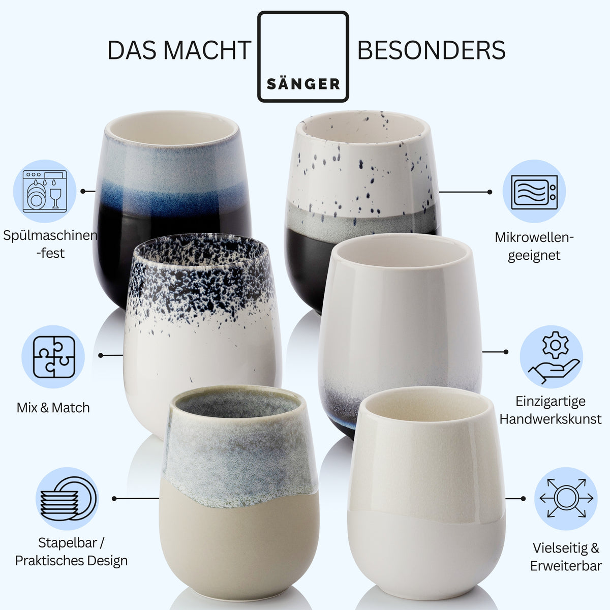 SÄNGER Steingut Kaffeebecher Siena 6 teilig 410 ml