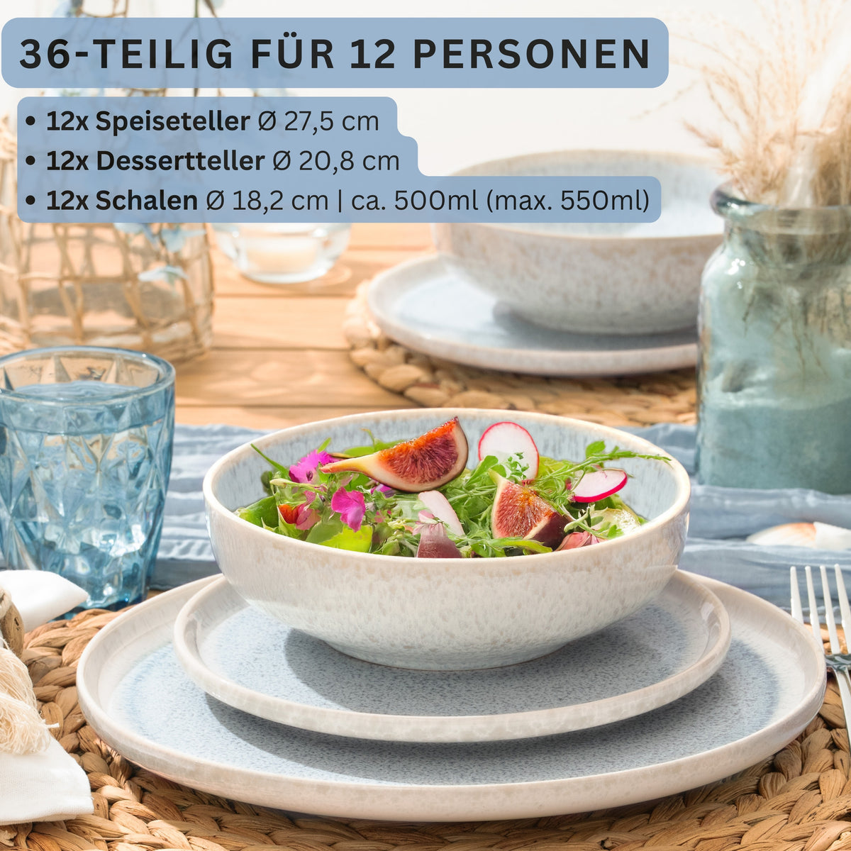 SÄNGER Steingut Geschirrset Santorini, Tafelservice 36 teilig für 12 Personen