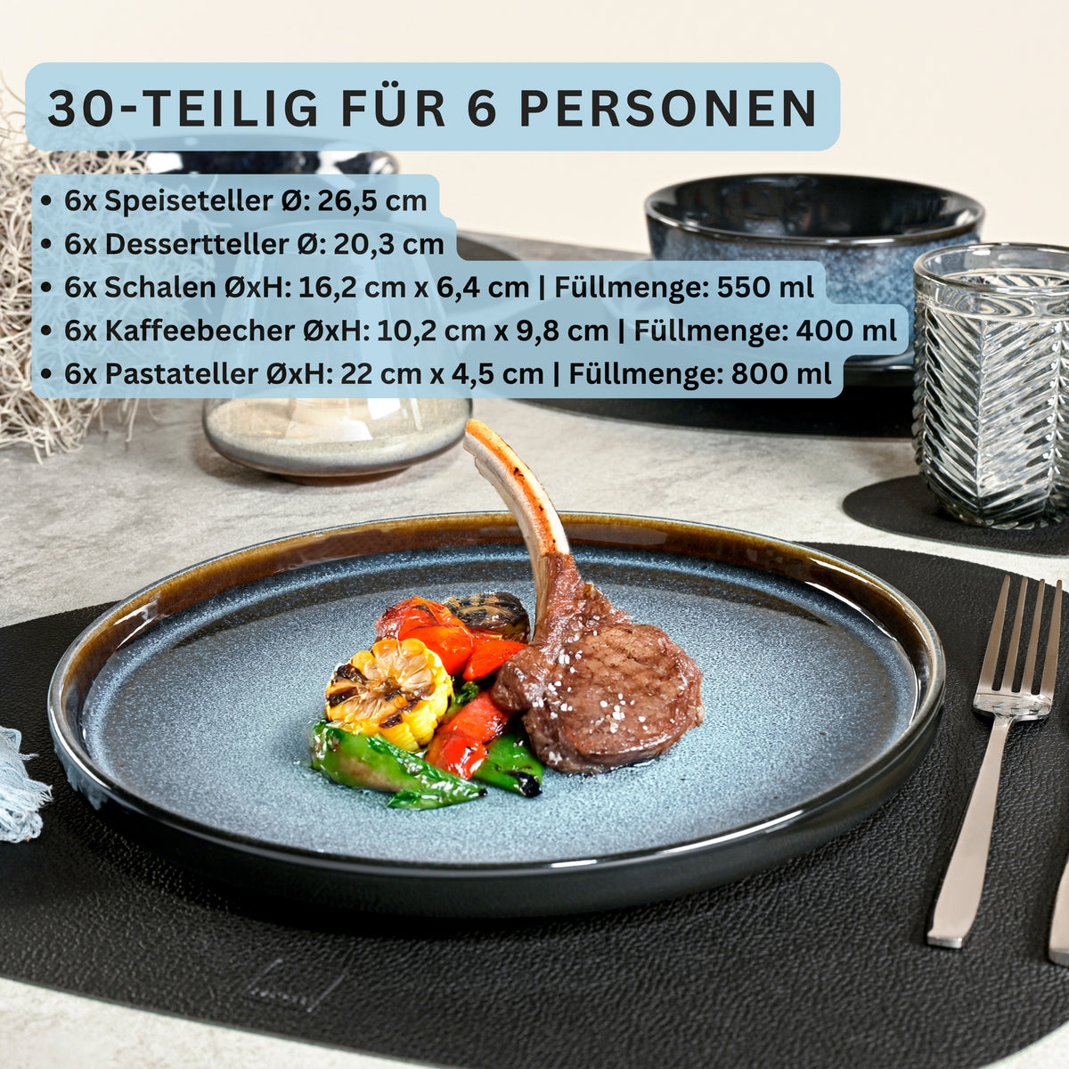 SÄNGER Stoneware Dinnerware Set Osaka, 30-Piece Combi-Set for 6 People