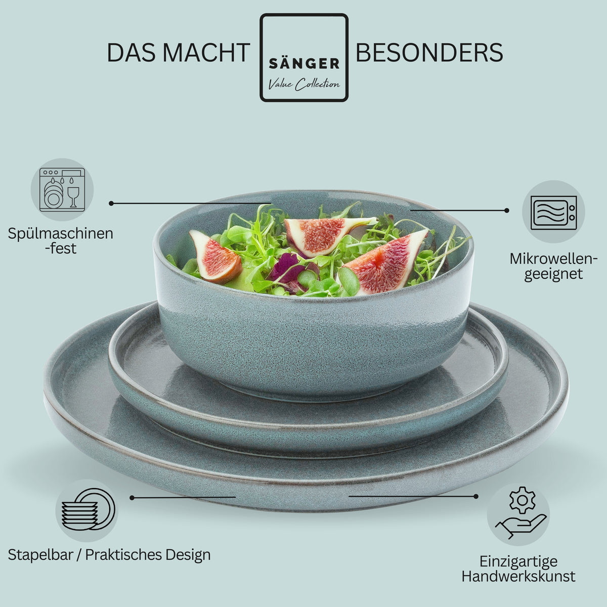 SÄNGER Stoneware Dinnerware Set Cairo Ocean 30 Pieces for 6 People