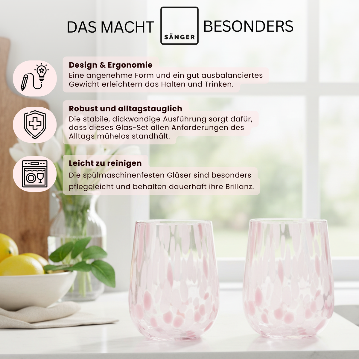 SÄNGER Drinking Glasses Set Curacao, 4-Piece - White/Pink