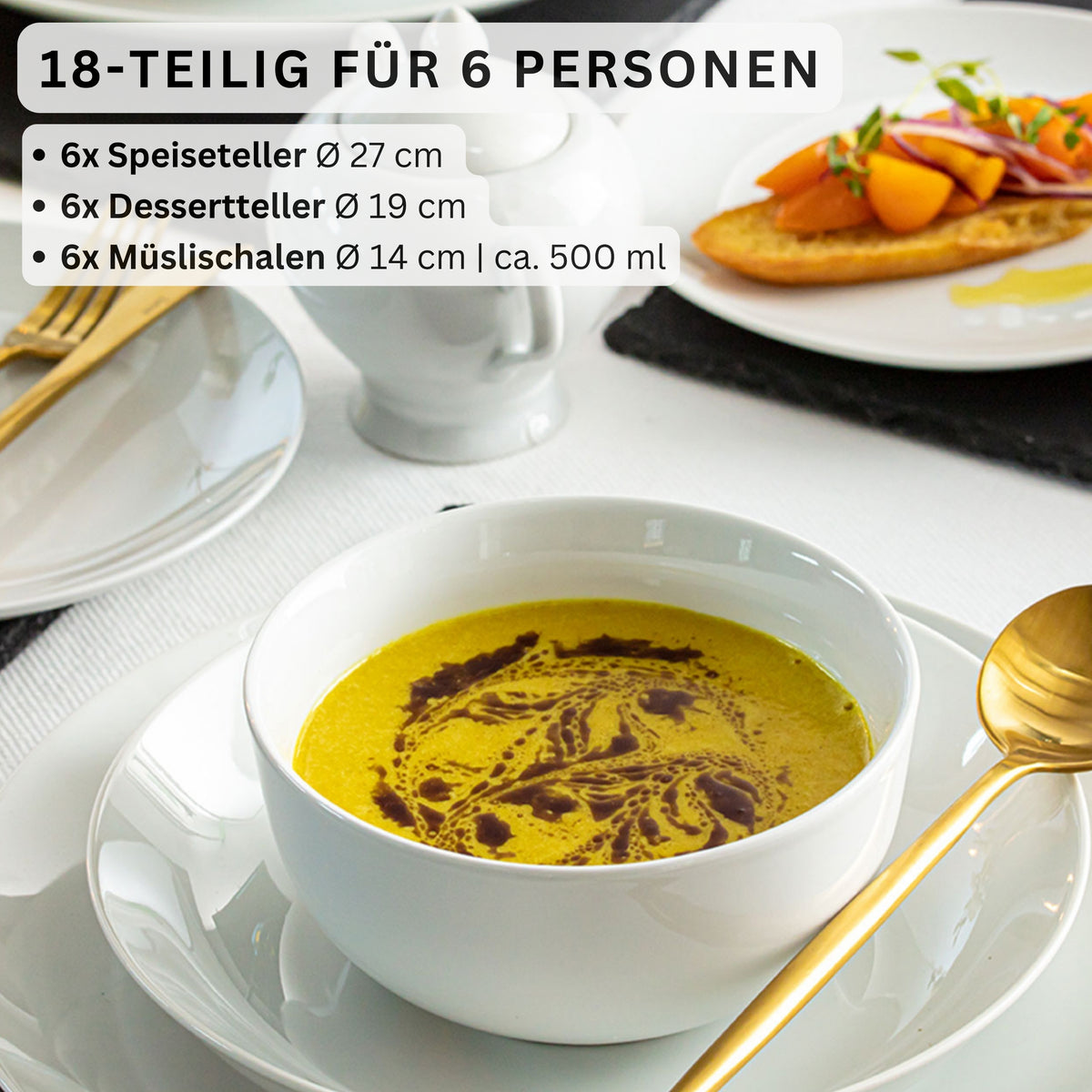 SÄNGER Porzellan Geschirrset New Port, Tafelservice 18 teilig für 6 Personen mit Müslischalen