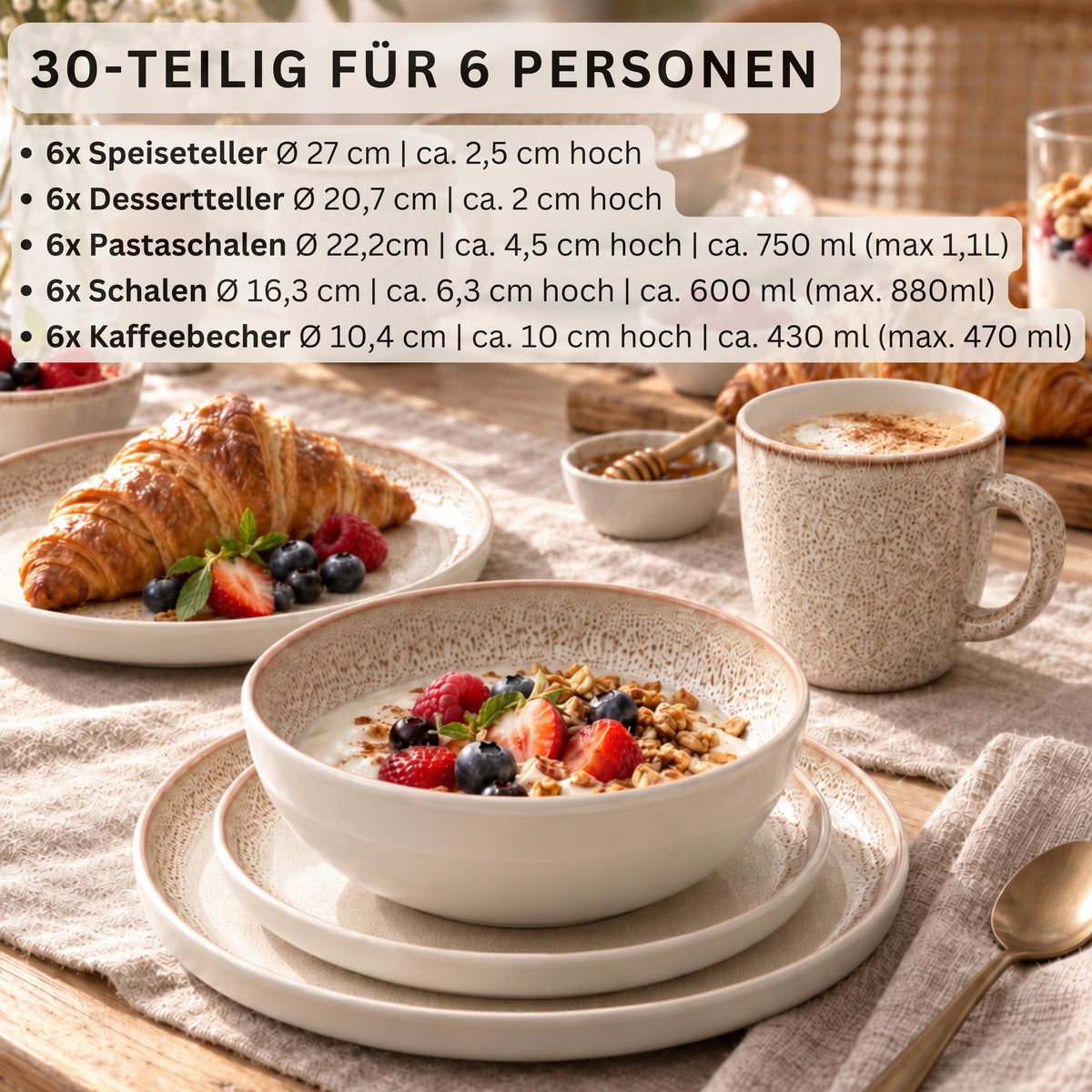 SÄNGER Steingut Geschirrset Verona, Kombiservice 30 teilig für 6 Personen