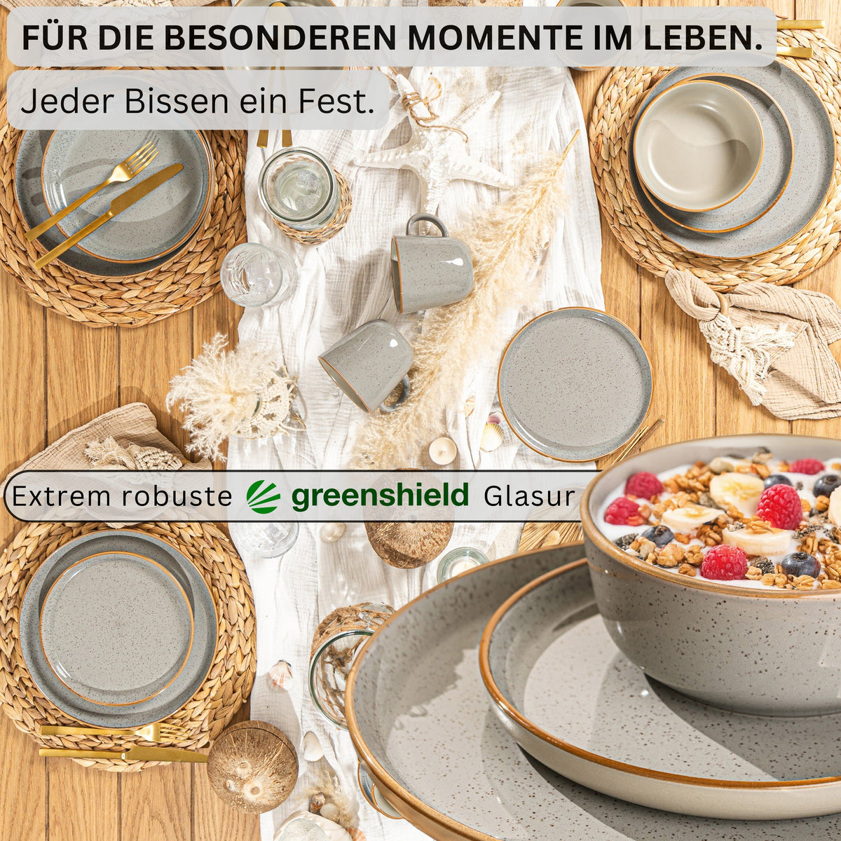 SÄNGER Stoneware Dinnerware Set Rio Pearl Grey, 16-Piece Dinner Set for 4 People