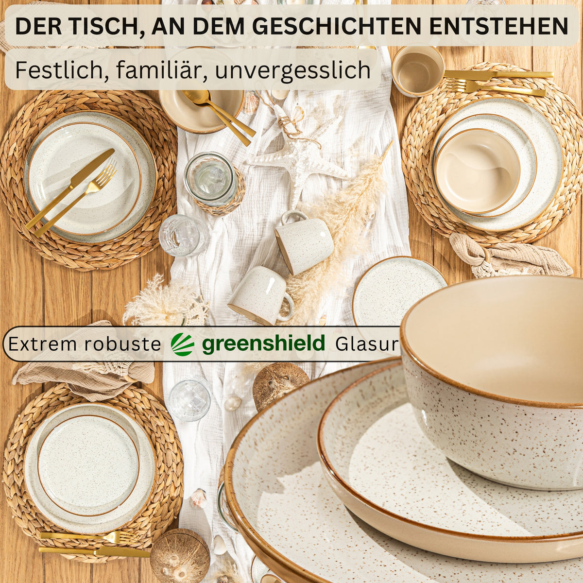 SÄNGER Stoneware Dinnerware Set Rio Cream, 12-piece Dinner Service for 4 People