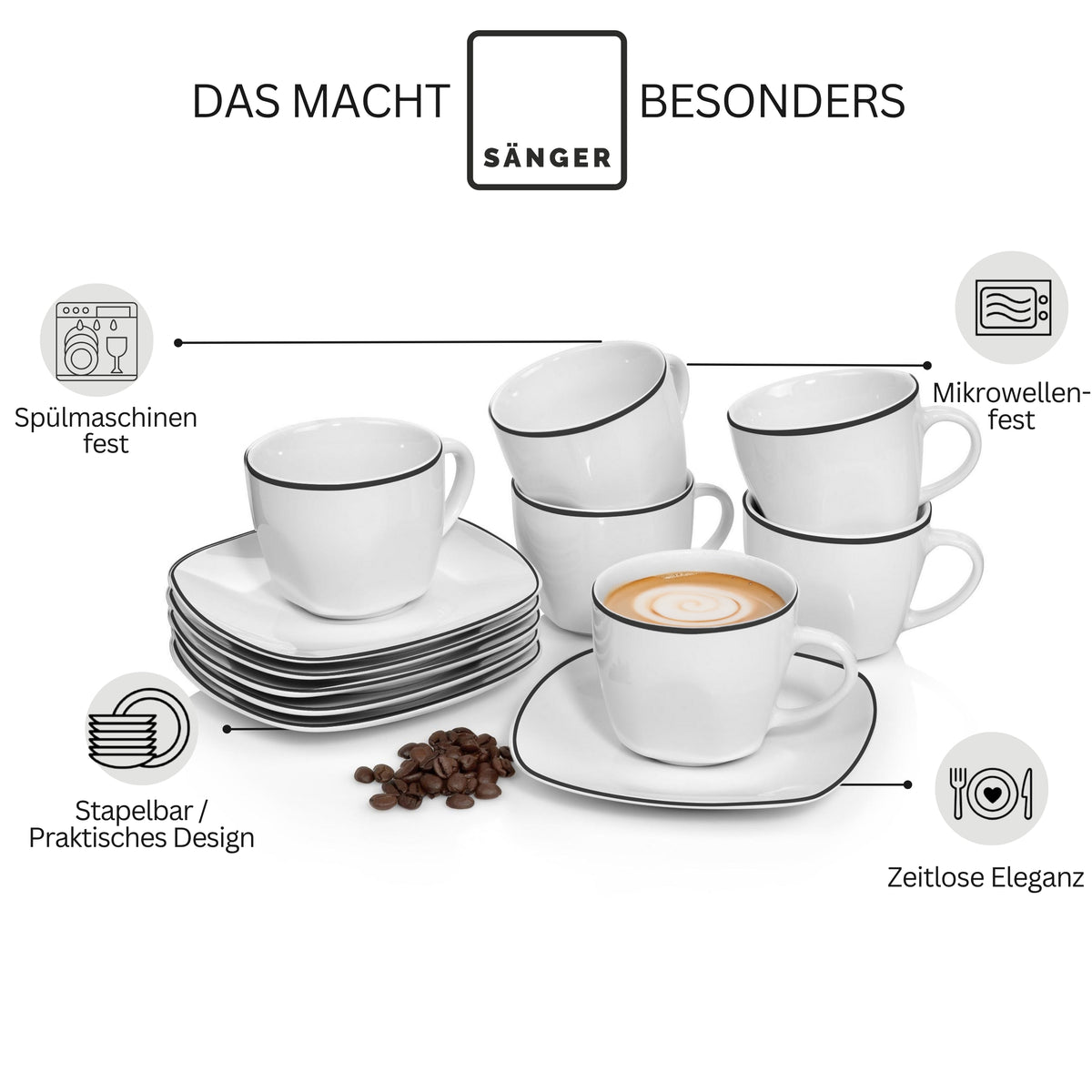 SÄNGER Porcelain Coffee Cup Set Bilgola Black Rim 12 pieces