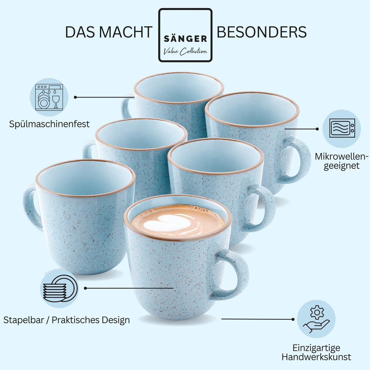SÄNGER Kaffeebecher Set Rio Lagune- 6 teilig aus Steingut