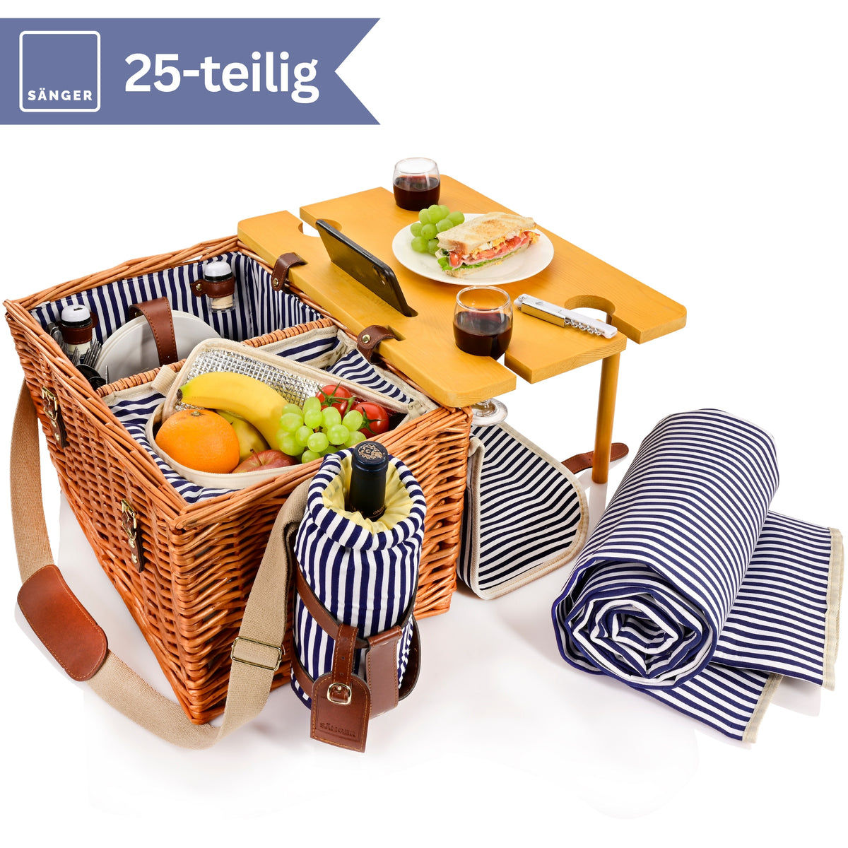 SÄNGER Picknickkorb Borkum mit integriertem Tisch & Kühltasche 25 teilig für 4 Personen