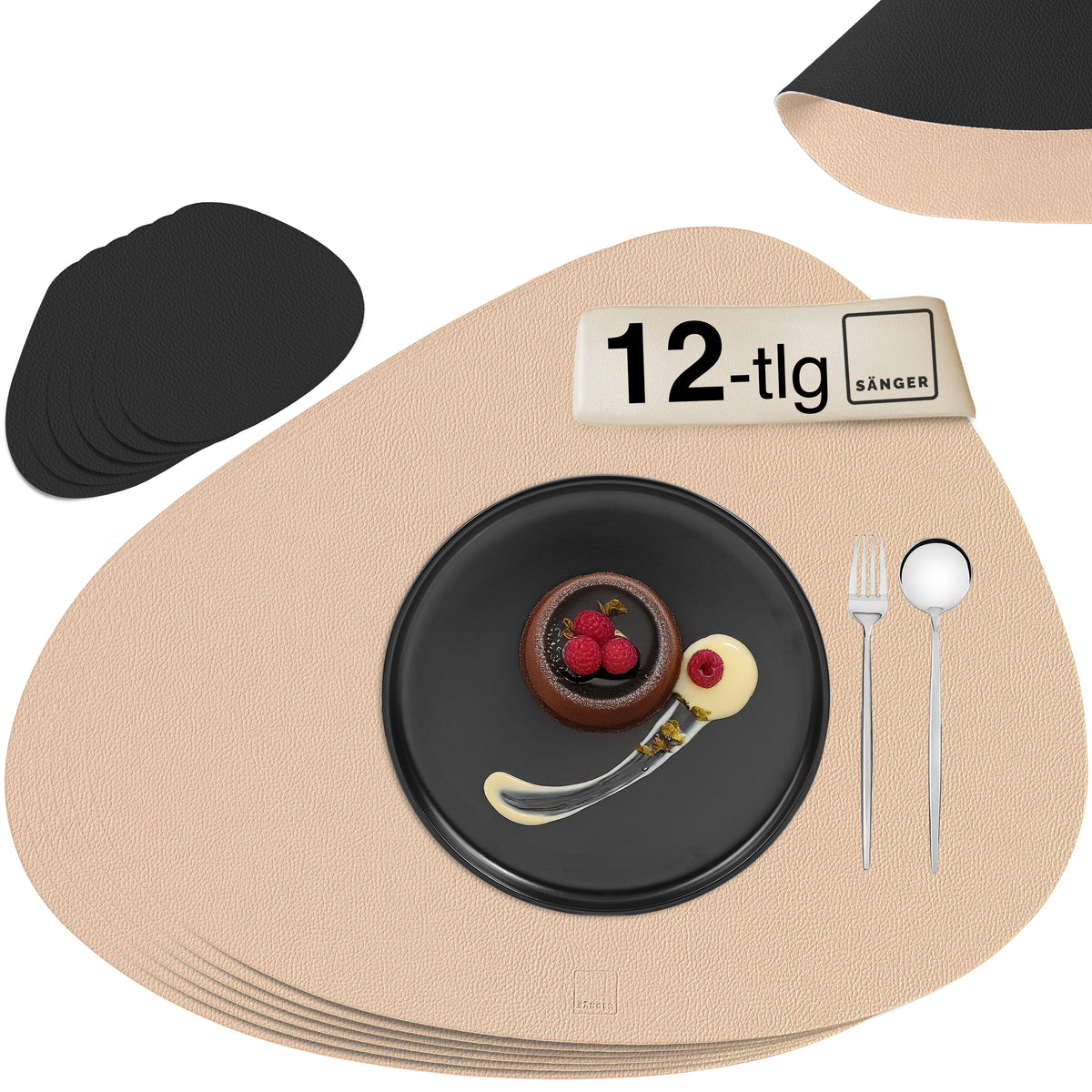 SÄNGER organische Tischsets & Untersetzer aus Kunstleder 12 teilig für 6 Personen, Schwarz + Beige