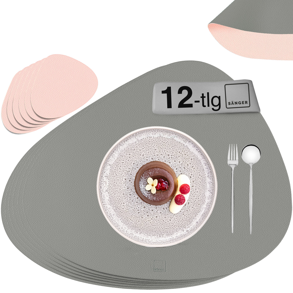 SÄNGER organische Tischsets & Untersetzer aus Kunstleder 12 teilig für 6 Personen, Rosa + Grau