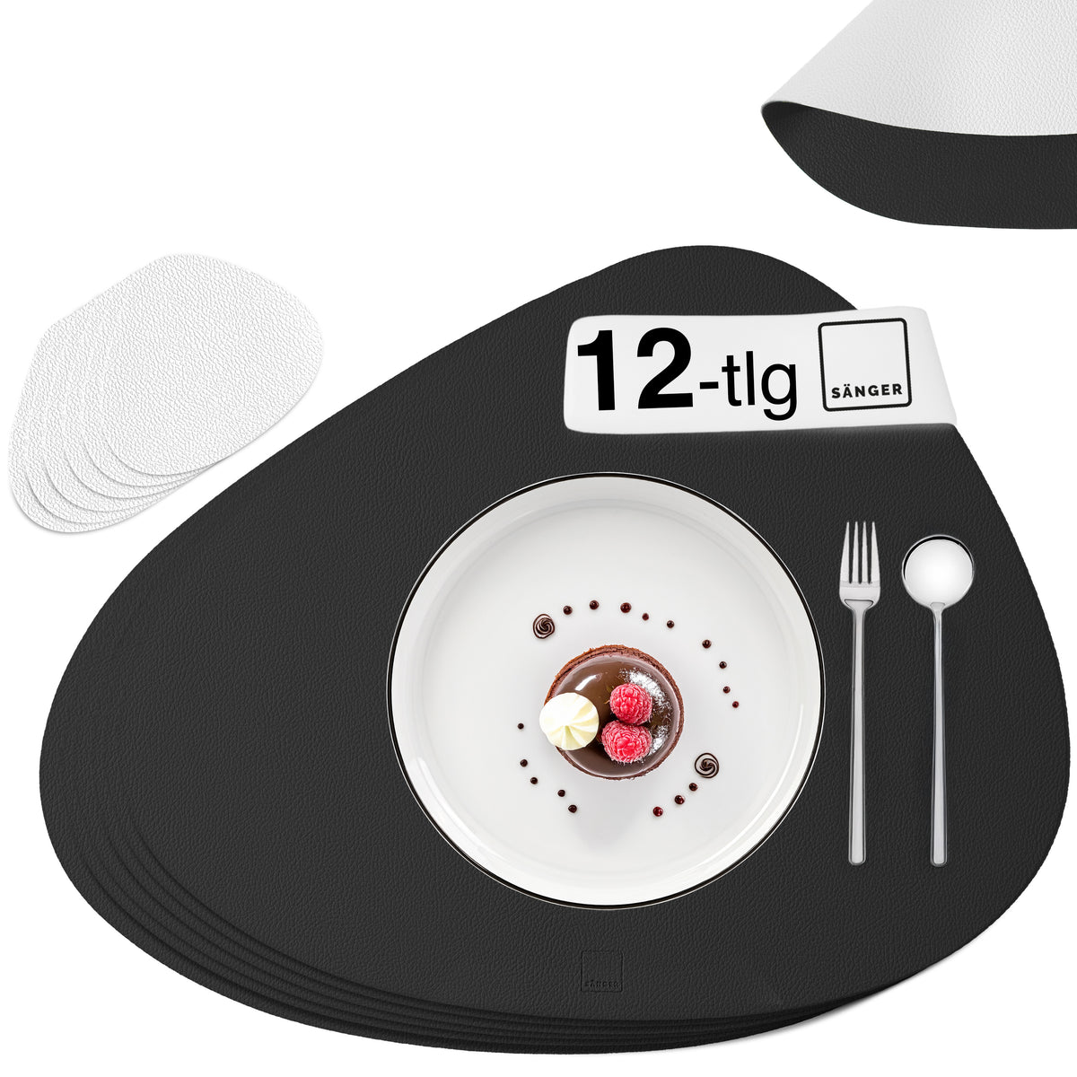 SÄNGER organische Tischsets & Untersetzer aus Kunstleder 12 teilig für 6 Personen, Schwarz + Creme