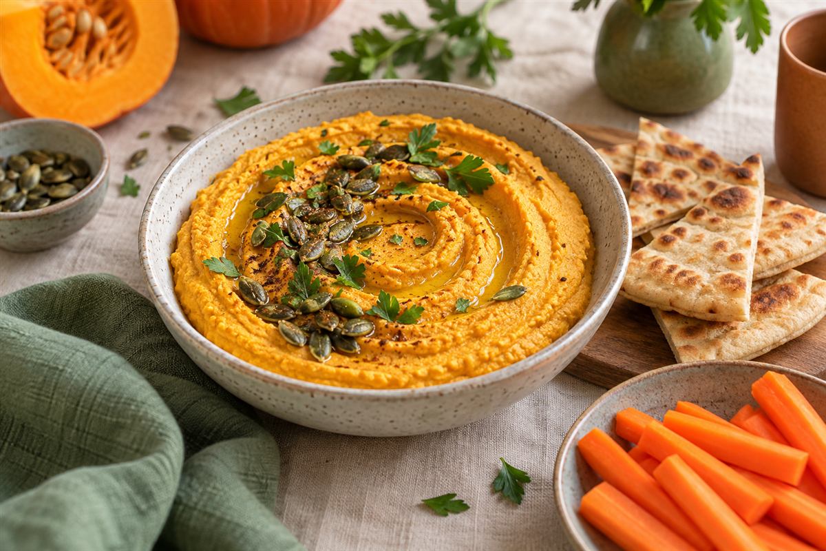 Kürbis-Hummus aus geröstetem Hokkaido mit Kürbiskernen und Fladenbrot