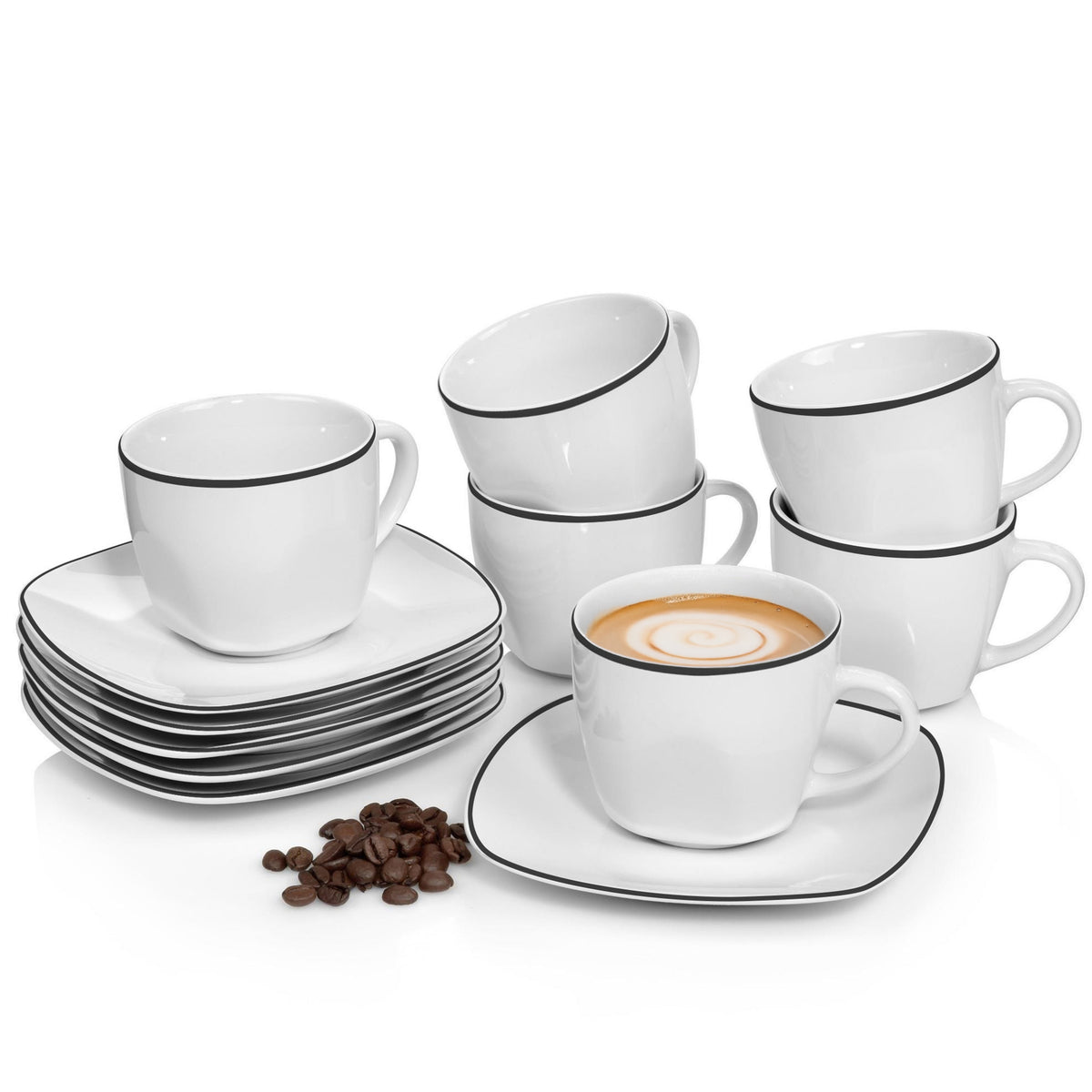 SÄNGER Porzellan Kaffeetassen Set Bilgola Black Rim 12 tlg