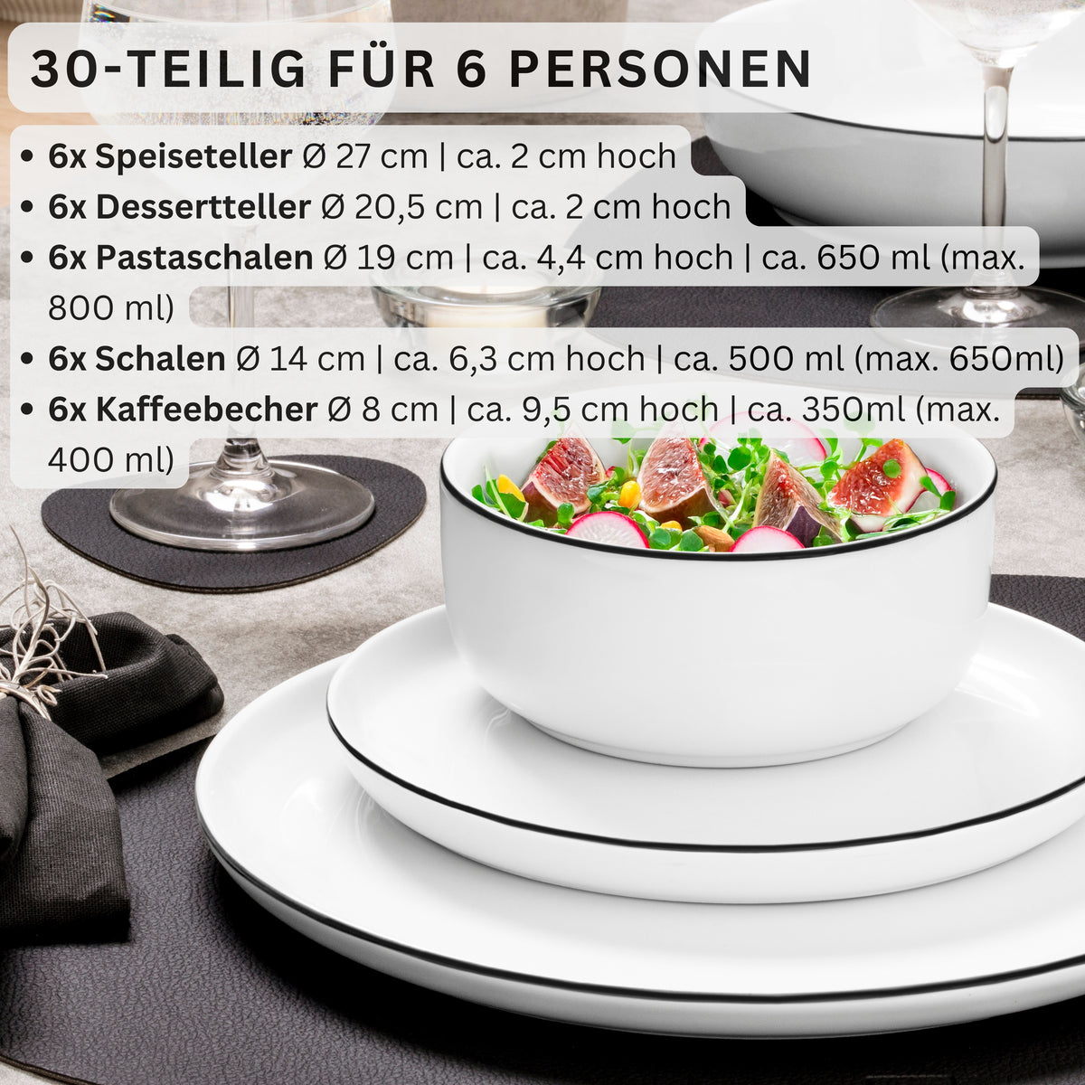 SÄNGER Porzellan Geschirrset Marlo Black Rim 30-teilig für 6 Personen