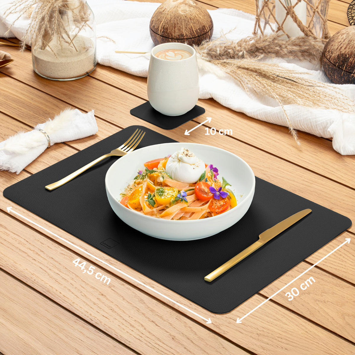 SÄNGER Rectangular Placemats & Coasters Faux Leather 12-Piece for 6 Persons, Black + Light Grey