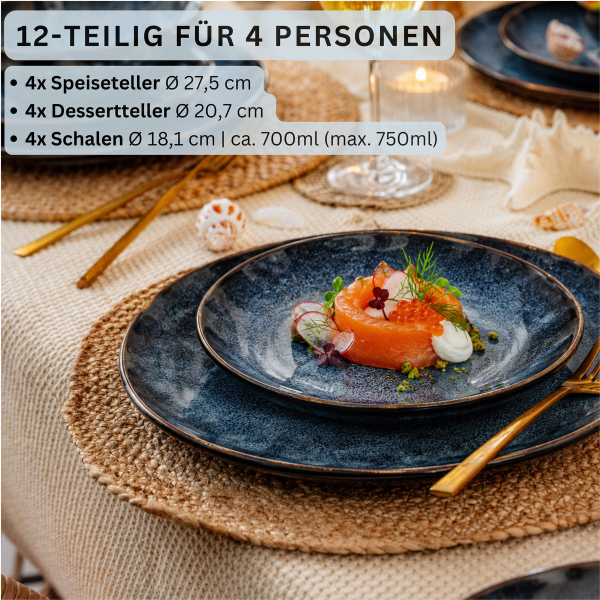 SÄNGER Steingut Geschirrset Tokio, Tafelservice 12 teilig für 4 Personen