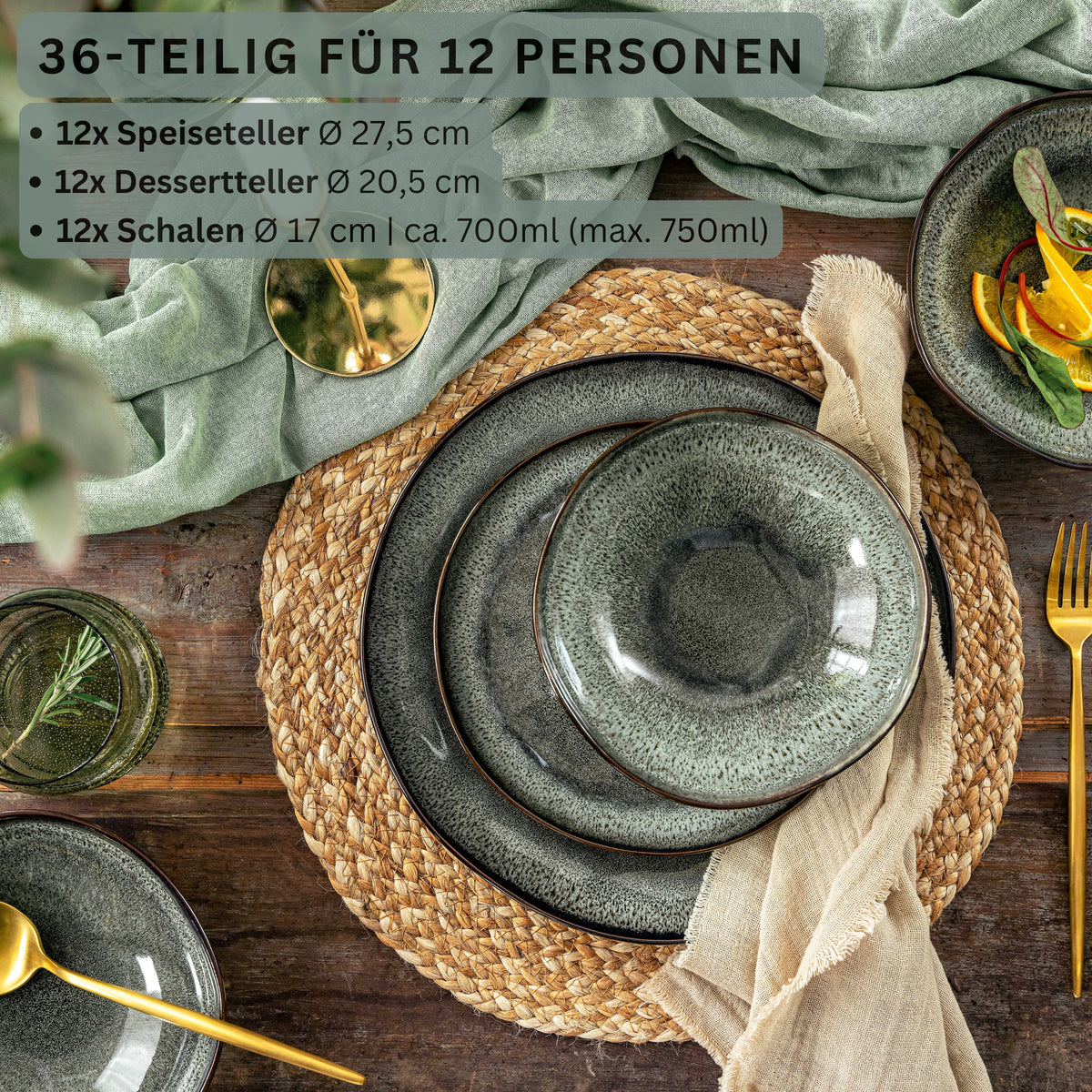SÄNGER Steingut Geschirrset Kopenhagen, Tafelservice 36 teilig für 12 Personen