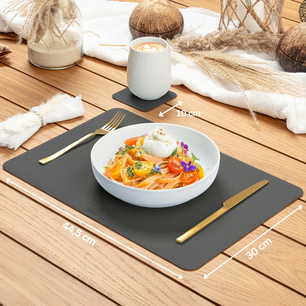 SÄNGER Rectangular Faux Leather Placemats & Coasters, 8-Piece Set for 4 Persons, Anthracite + Brown