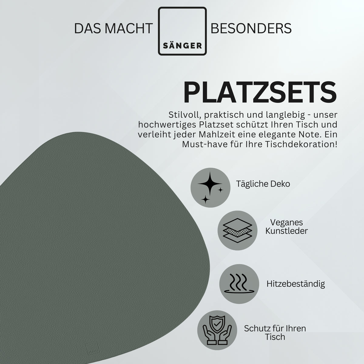 SÄNGER Organic Faux Leather Placemats & Coasters 12 Pieces for 6 People, Grey + Black