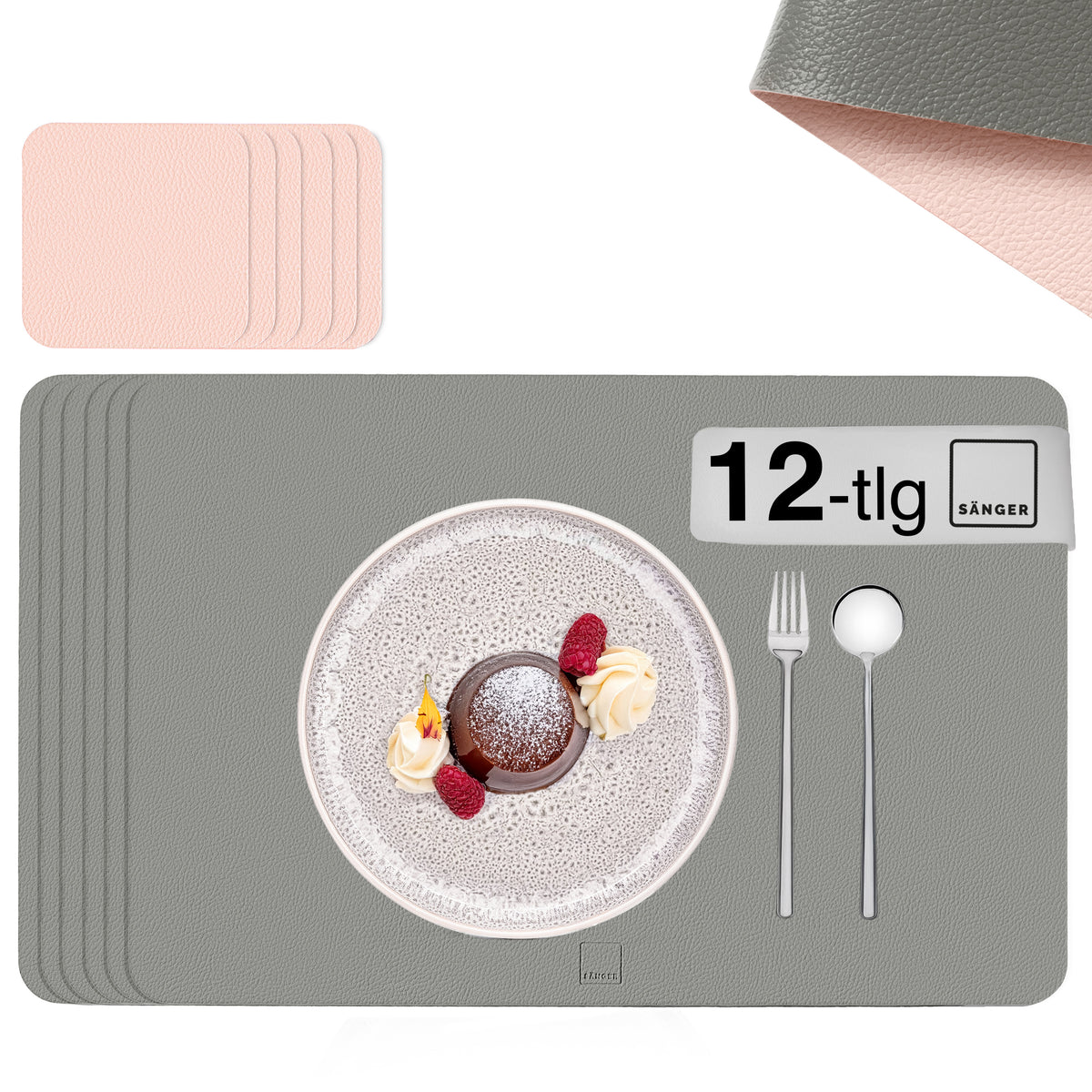 SÄNGER rechteckige Tischsets & Untersetzer aus Kunstleder 12 teilig  für 6 Personen, Rosa + Grau