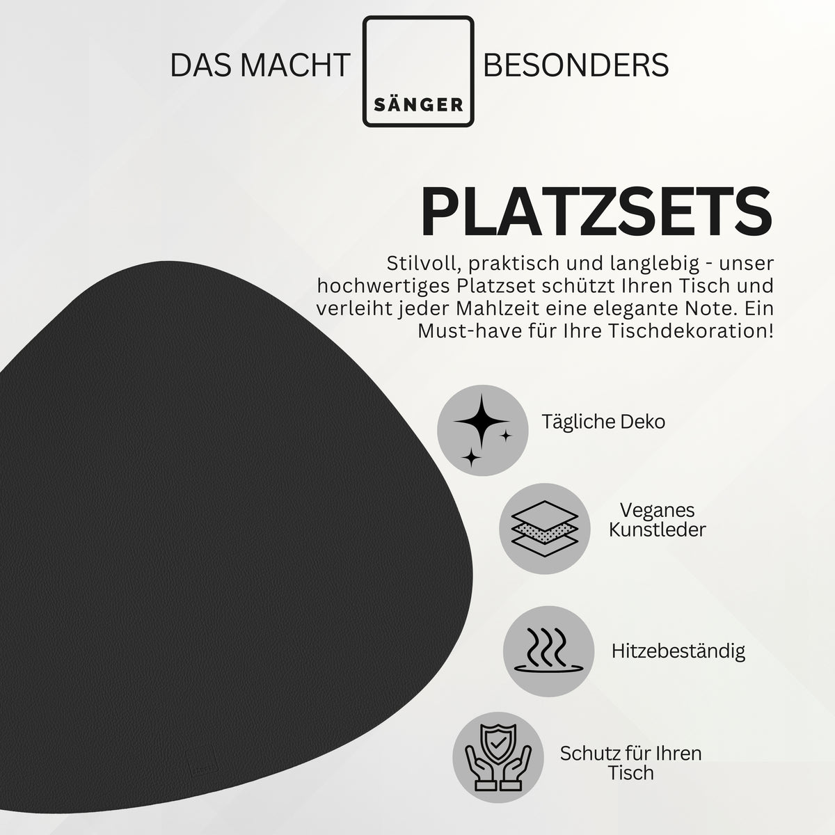 SÄNGER organische Tischsets & Untersetzer aus Kunstleder 12 teilig  für 6 Personen, Schwarz + Creme
