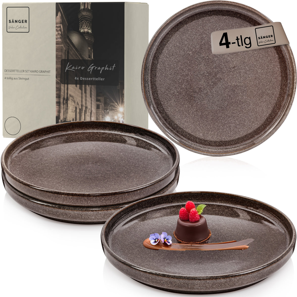 SÄNGER Dessertteller Set Kairo Graphit - 4 teilig aus Steingut
