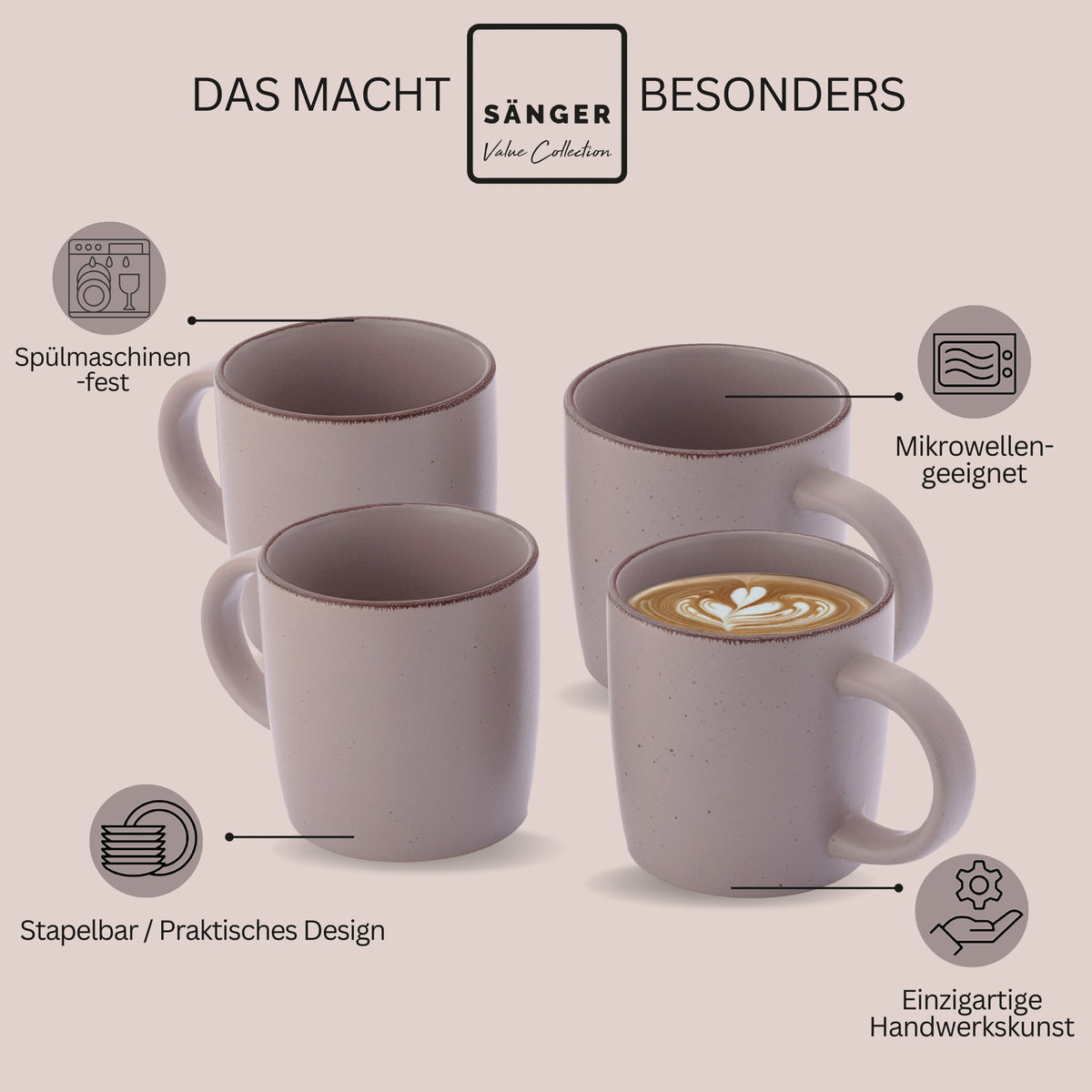SÄNGER Steingut Kaffeebecher Bombay Basalt 4 teilig