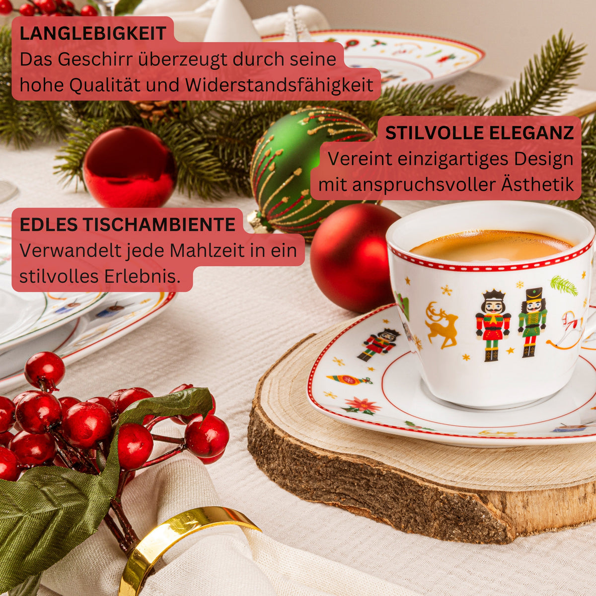 SÄNGER Kaffeetassen Set Bilgola Nussknacker Design 12 teilig für 6 Personen