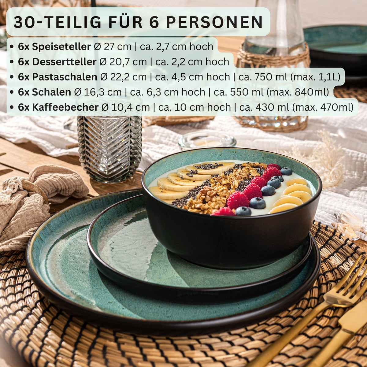 SÄNGER Steingut Geschirrset Fiji, Kombiservice 30 teilig für 6 Personen